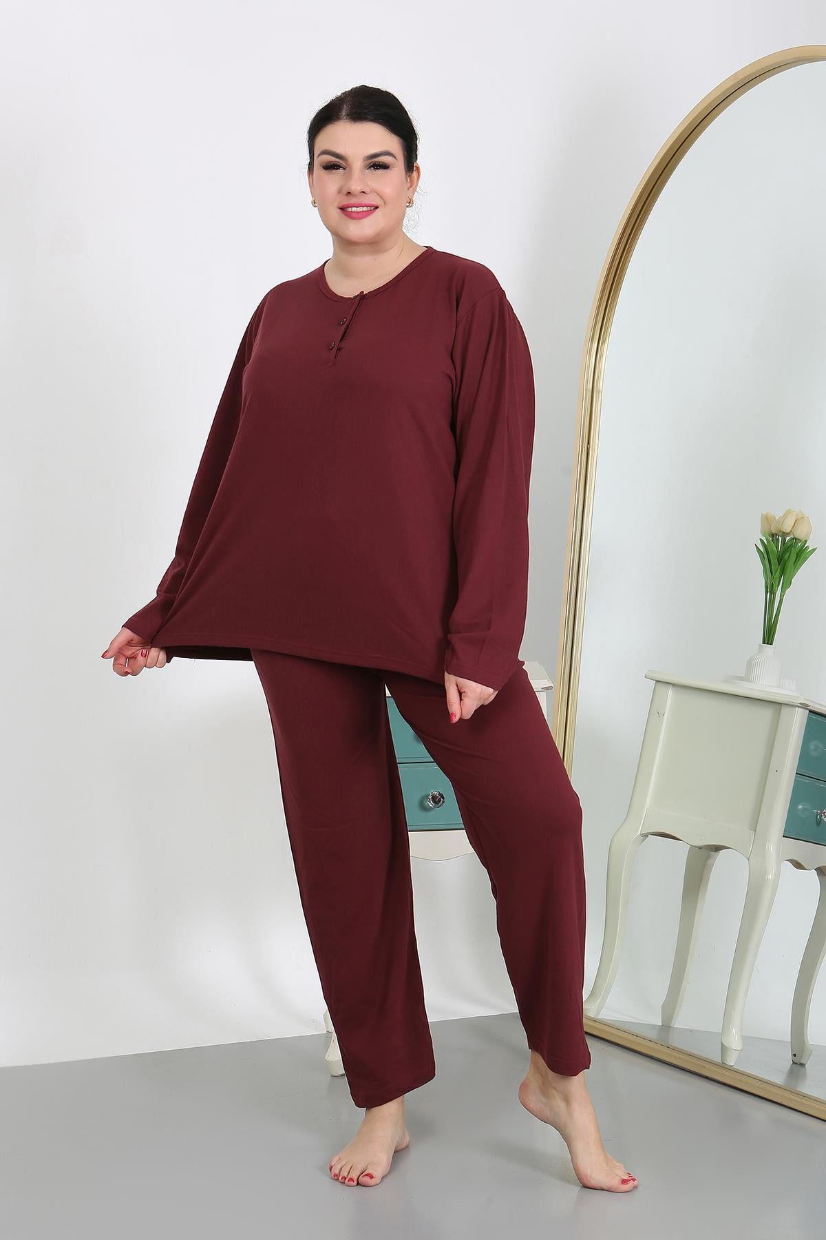 Akbeniz Kadın Büyük Beden Uzun Kol Penye Pijama Takımı Bordo 202501