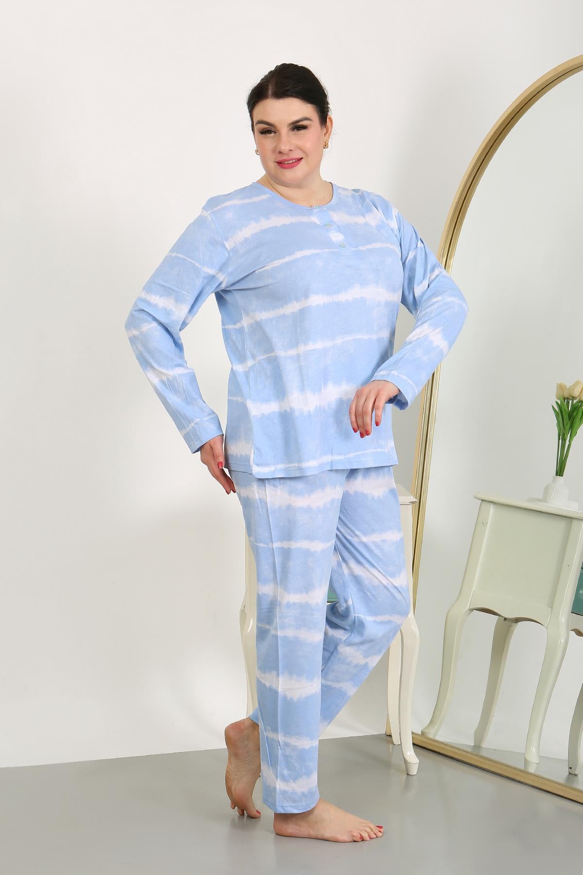 Akbeniz Kadın Büyük Beden Uzun Kol Penye Pijama Takımı Mavi 202502