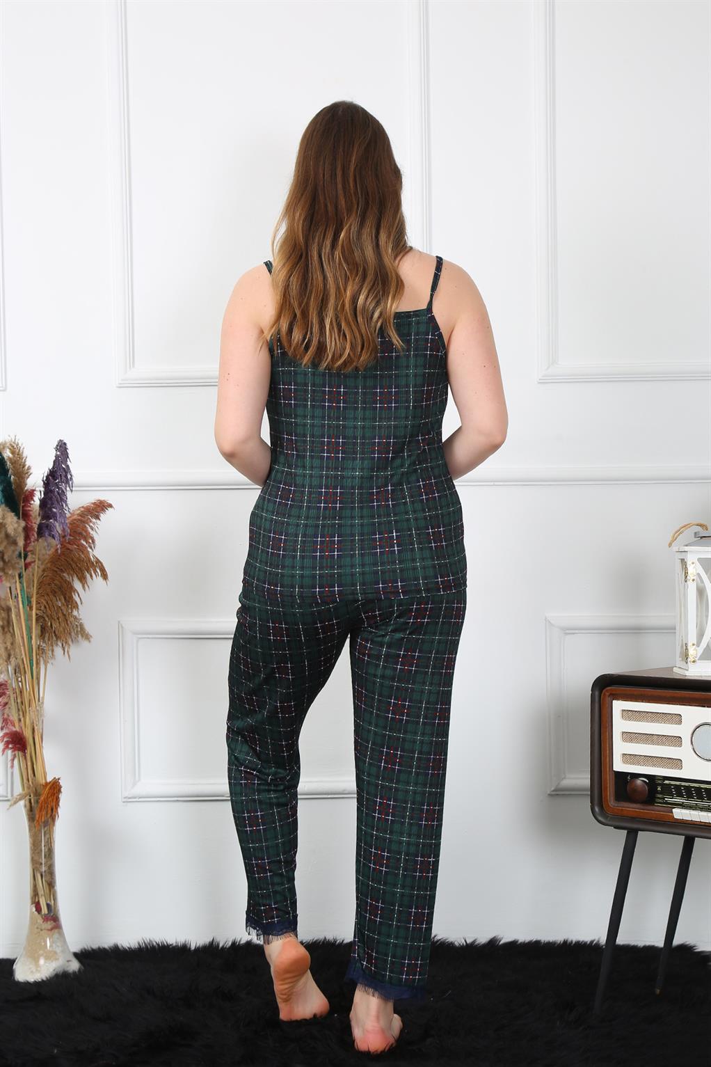Akbeniz Kadın Büyük Beden Yeşil Ekoseli İp Askılı Pijama Takım 202197