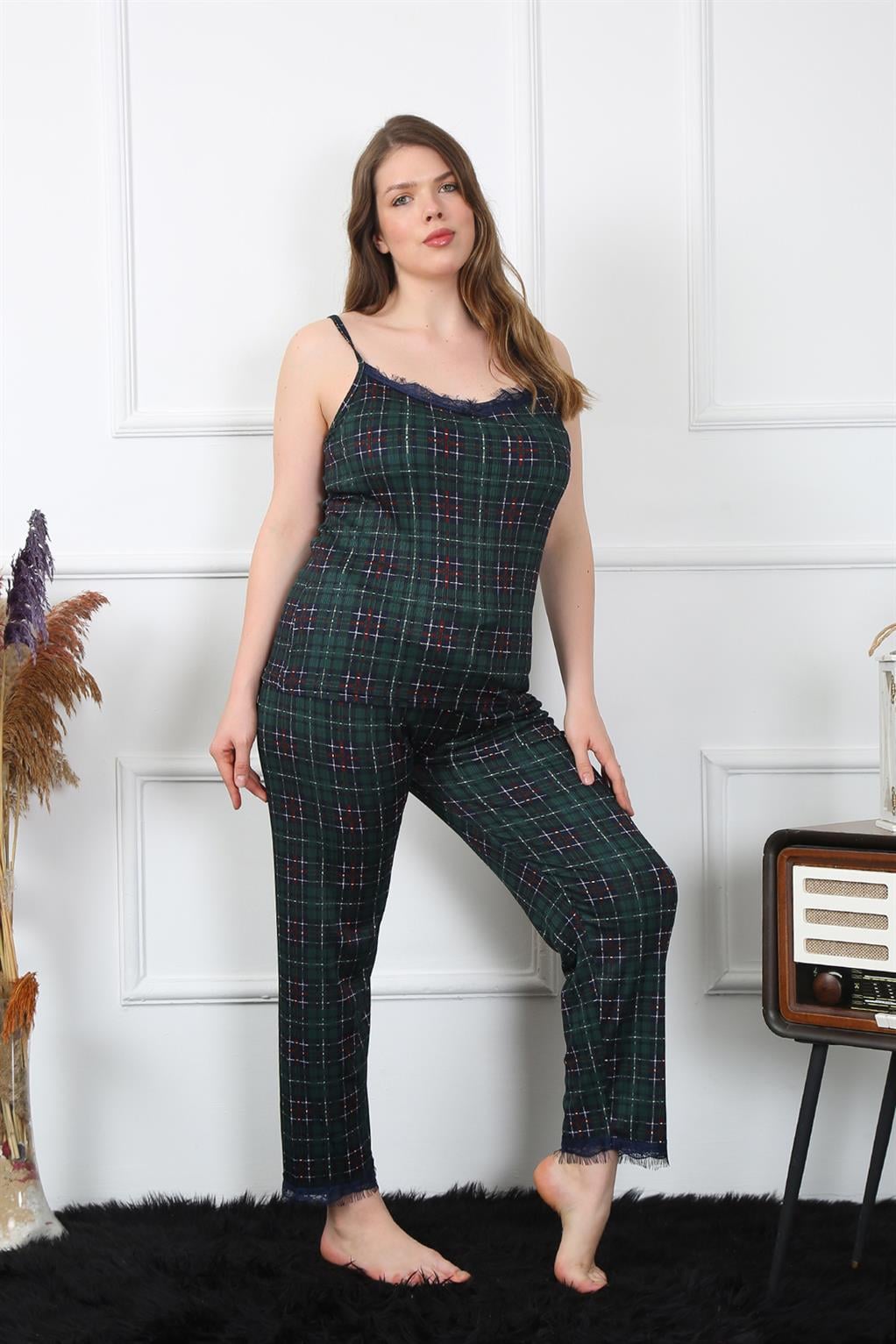 Akbeniz Kadın Büyük Beden Yeşil Ekoseli İp Askılı Pijama Takım 202197