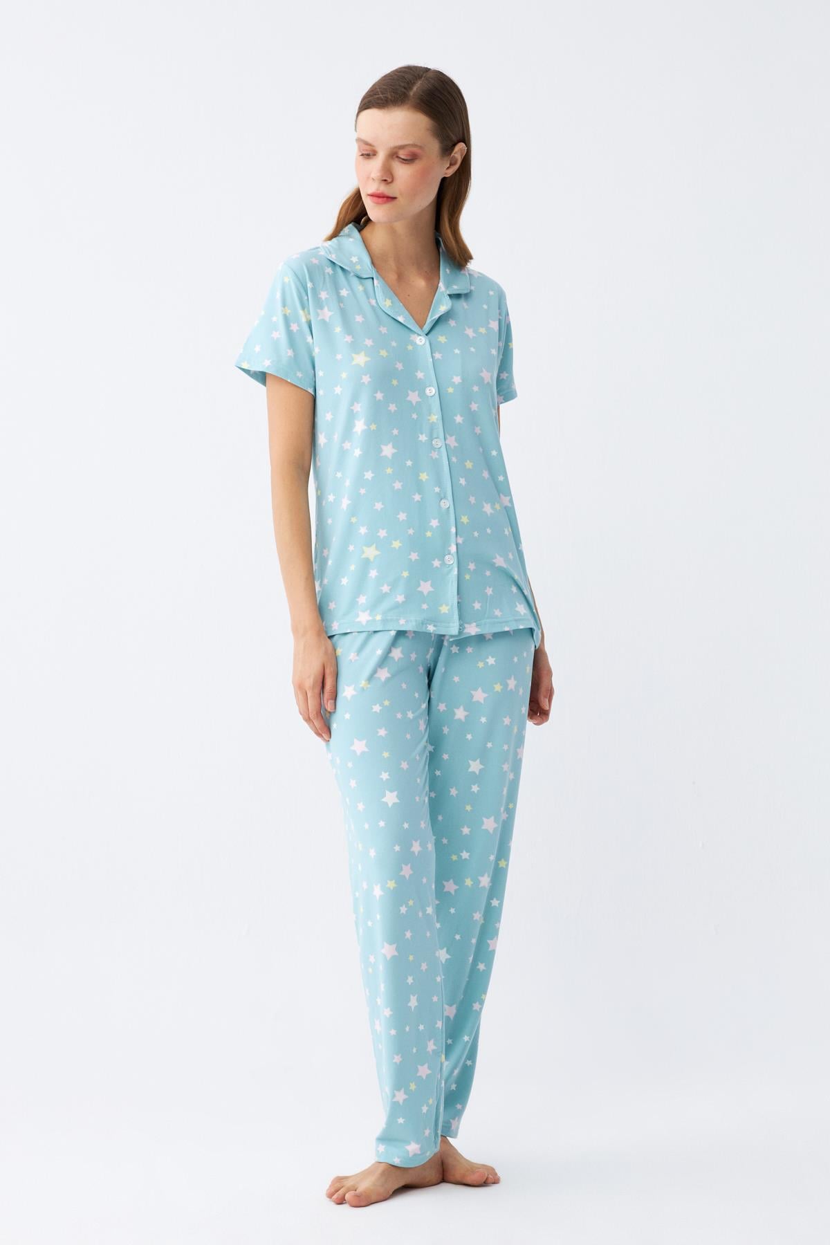 Akbeniz Kadın Buz Mavisi Yıldız Desenli Önden Düğmeli Pijama Takımı