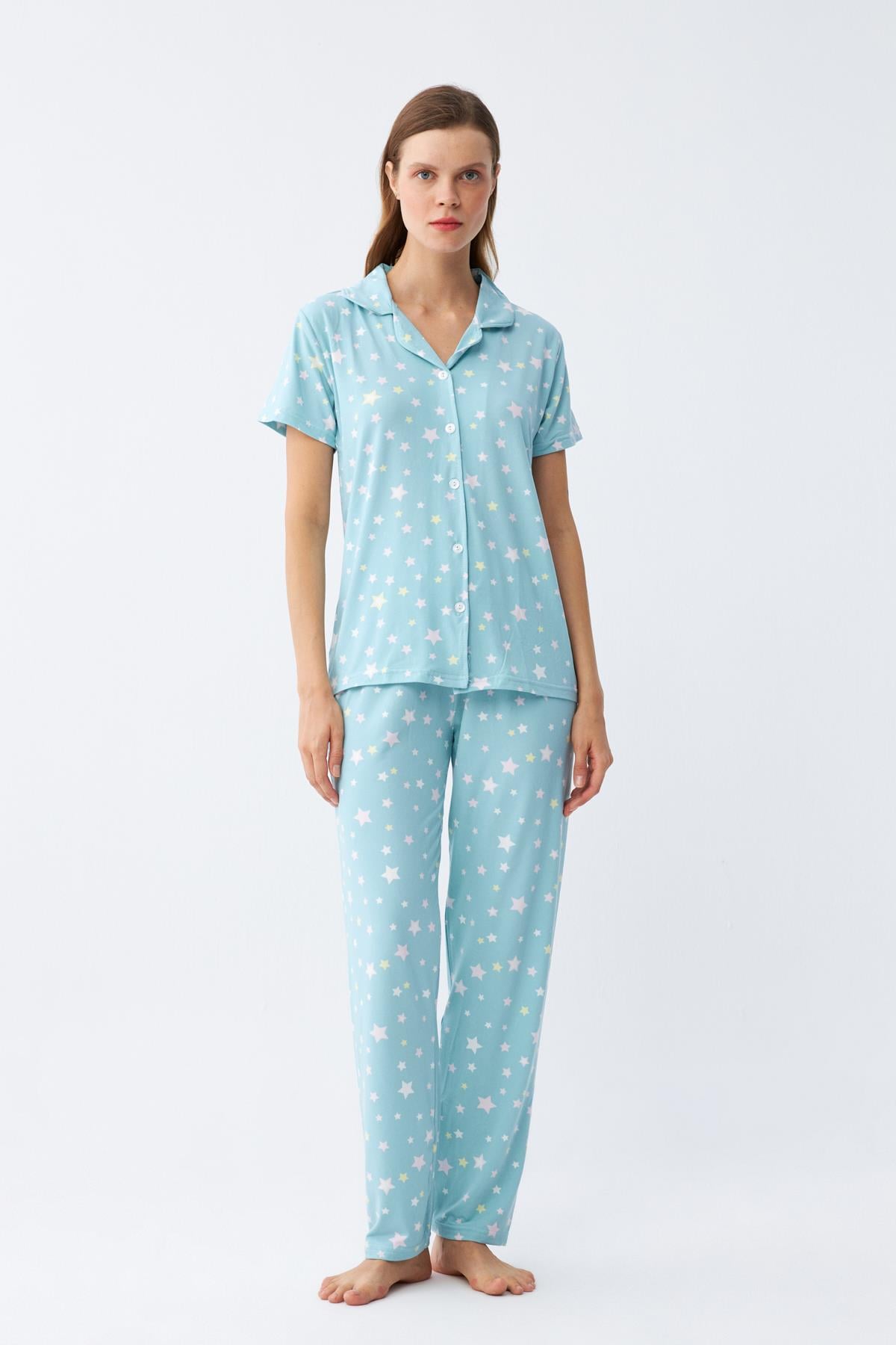 Akbeniz Kadın Buz Mavisi Yıldız Desenli Önden Düğmeli Pijama Takımı