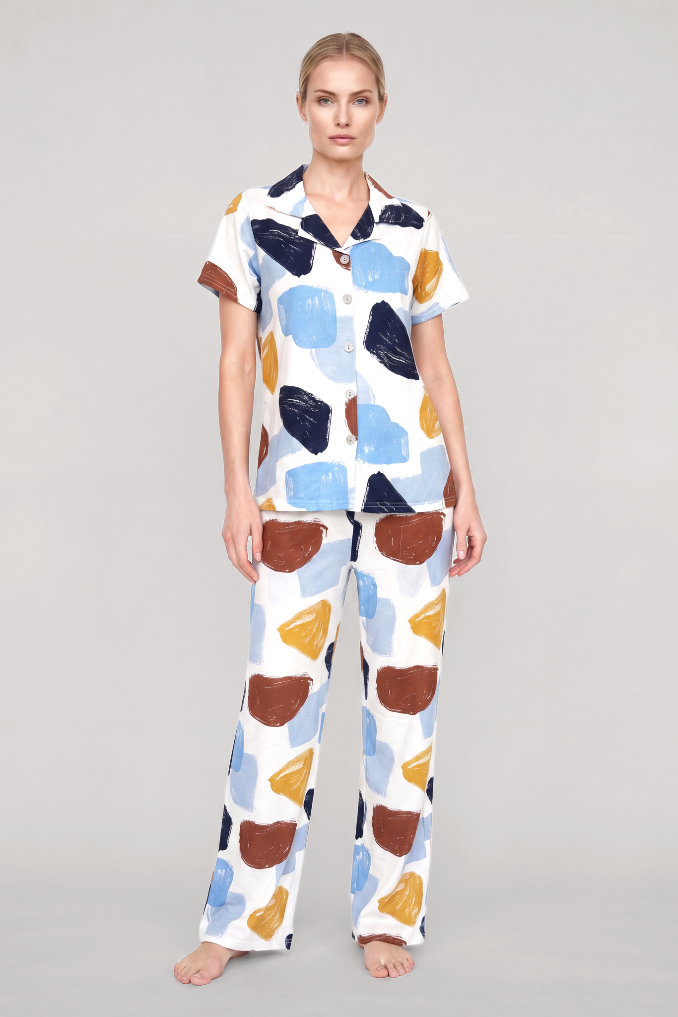 Akbeniz Kadın Ekru Desenli Klasik Gömlek Yaka Pijama Takımı