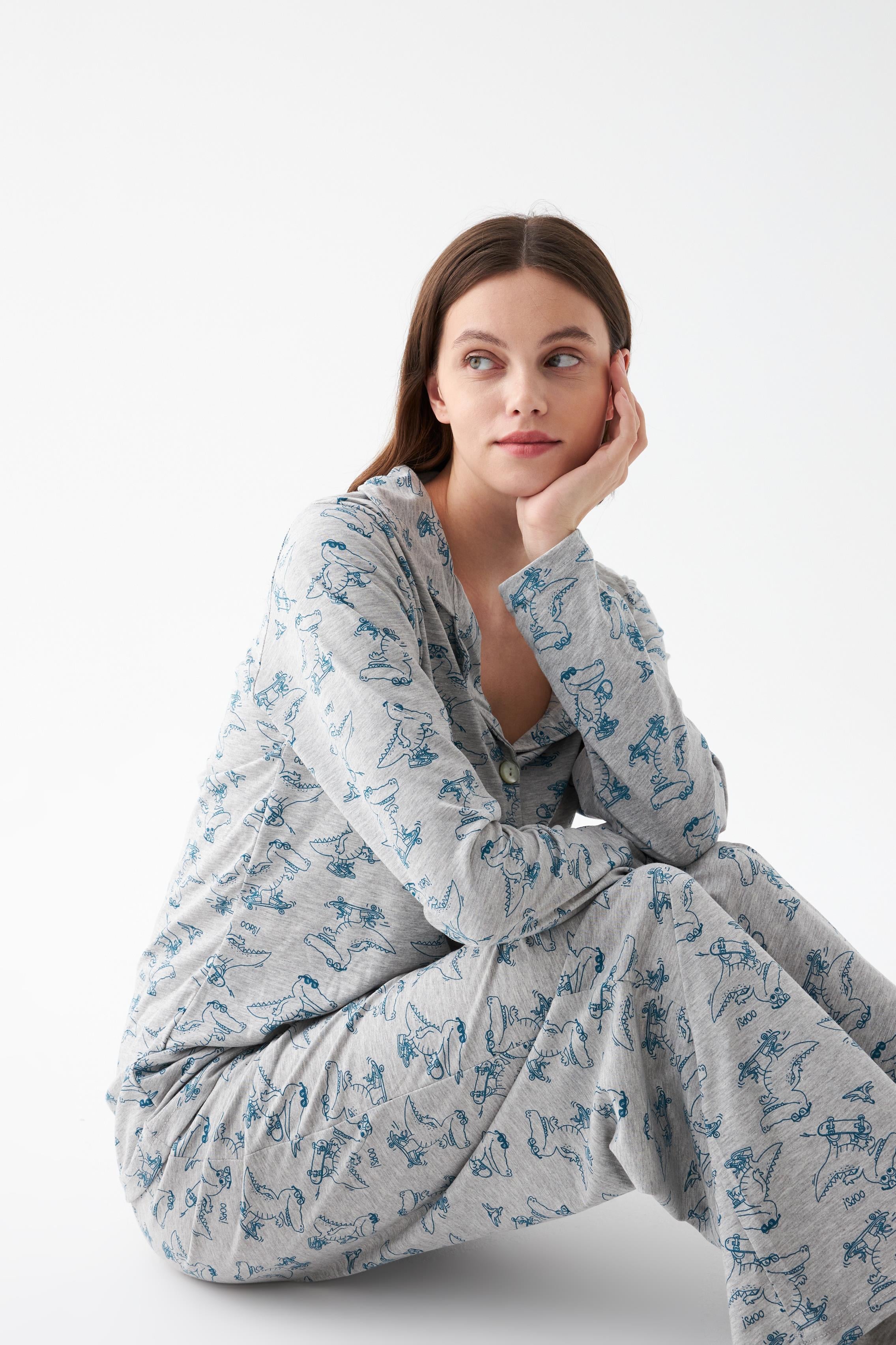 Akbeniz Kadın Gri Desenli Düğmeli Pamuklu Pijama Takımı