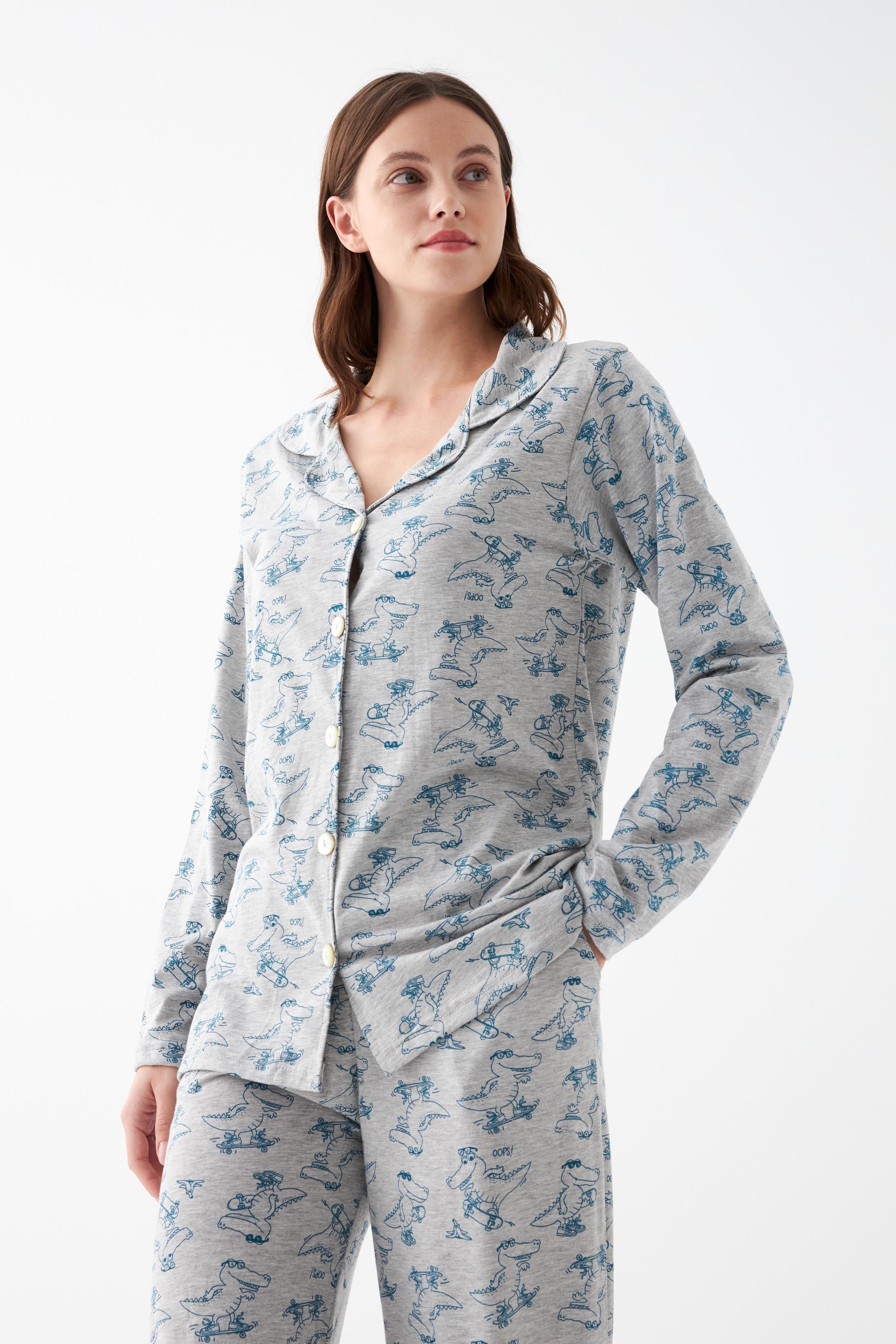 Akbeniz Kadın Gri Desenli Düğmeli Pamuklu Pijama Takımı