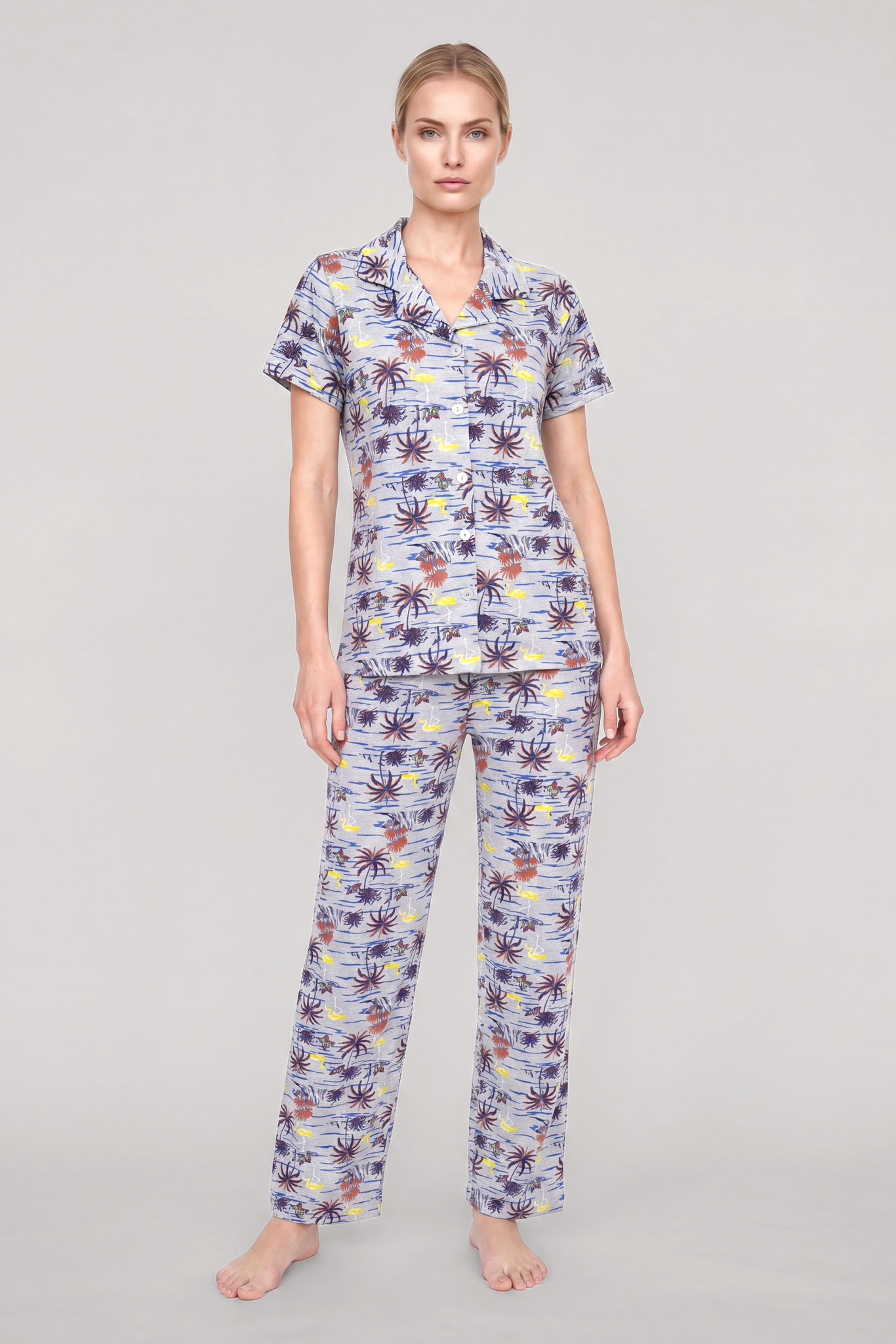 Akbeniz Kadın Gri Desenli Klasik Gömlek Yaka Pijama Takımı