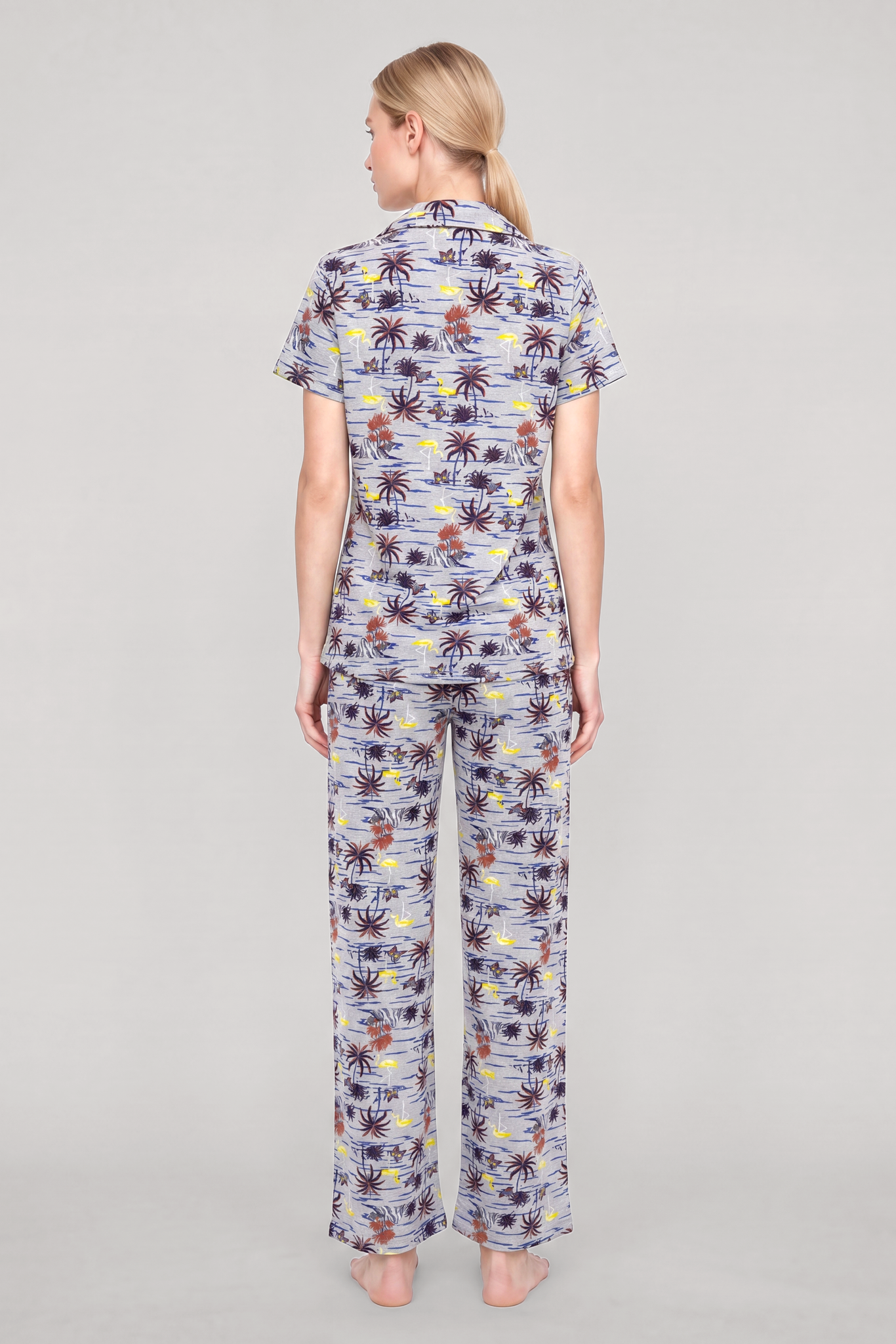 Akbeniz Kadın Gri Desenli Klasik Gömlek Yaka Pijama Takımı
