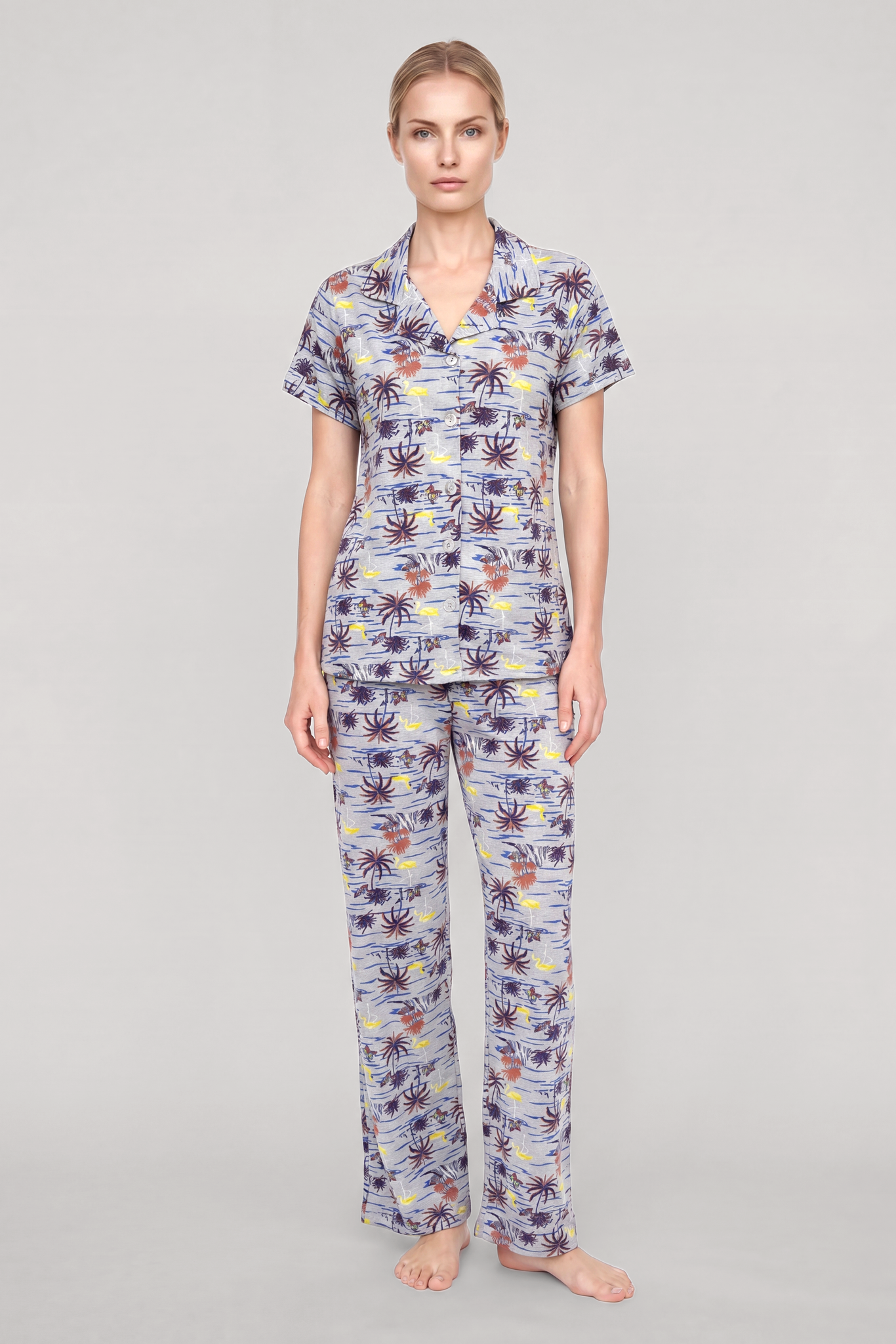 Akbeniz Kadın Gri Desenli Klasik Gömlek Yaka Pijama Takımı