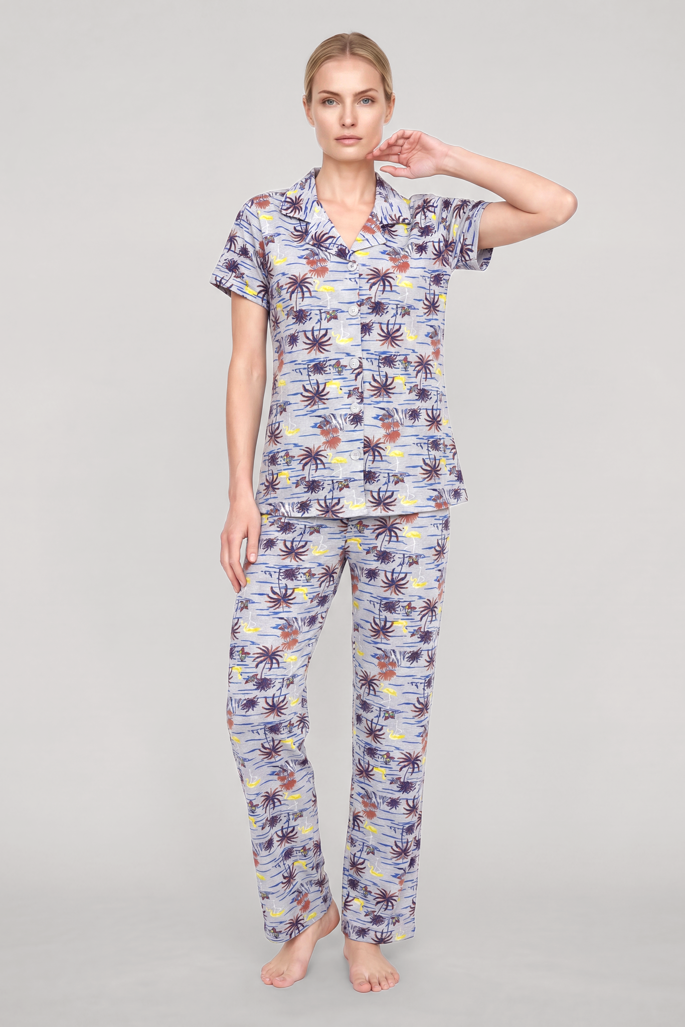 Akbeniz Kadın Gri Desenli Klasik Gömlek Yaka Pijama Takımı