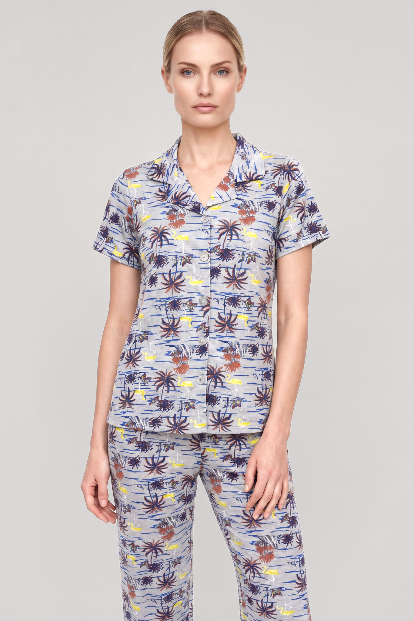 Akbeniz Kadın Gri Desenli Klasik Gömlek Yaka Pijama Takımı