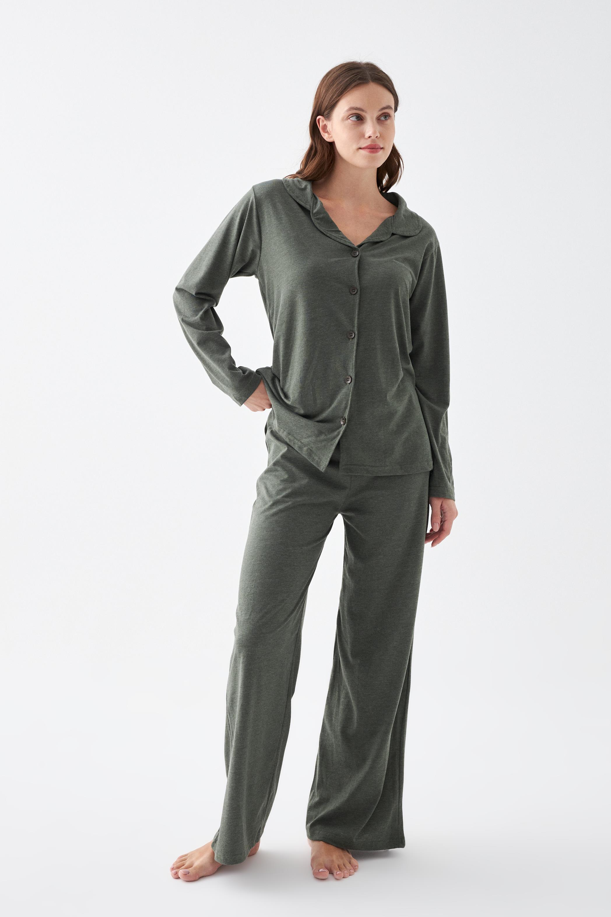 Akbeniz Kadın Haki Düğmeli Pamuklu Pijama Takımı