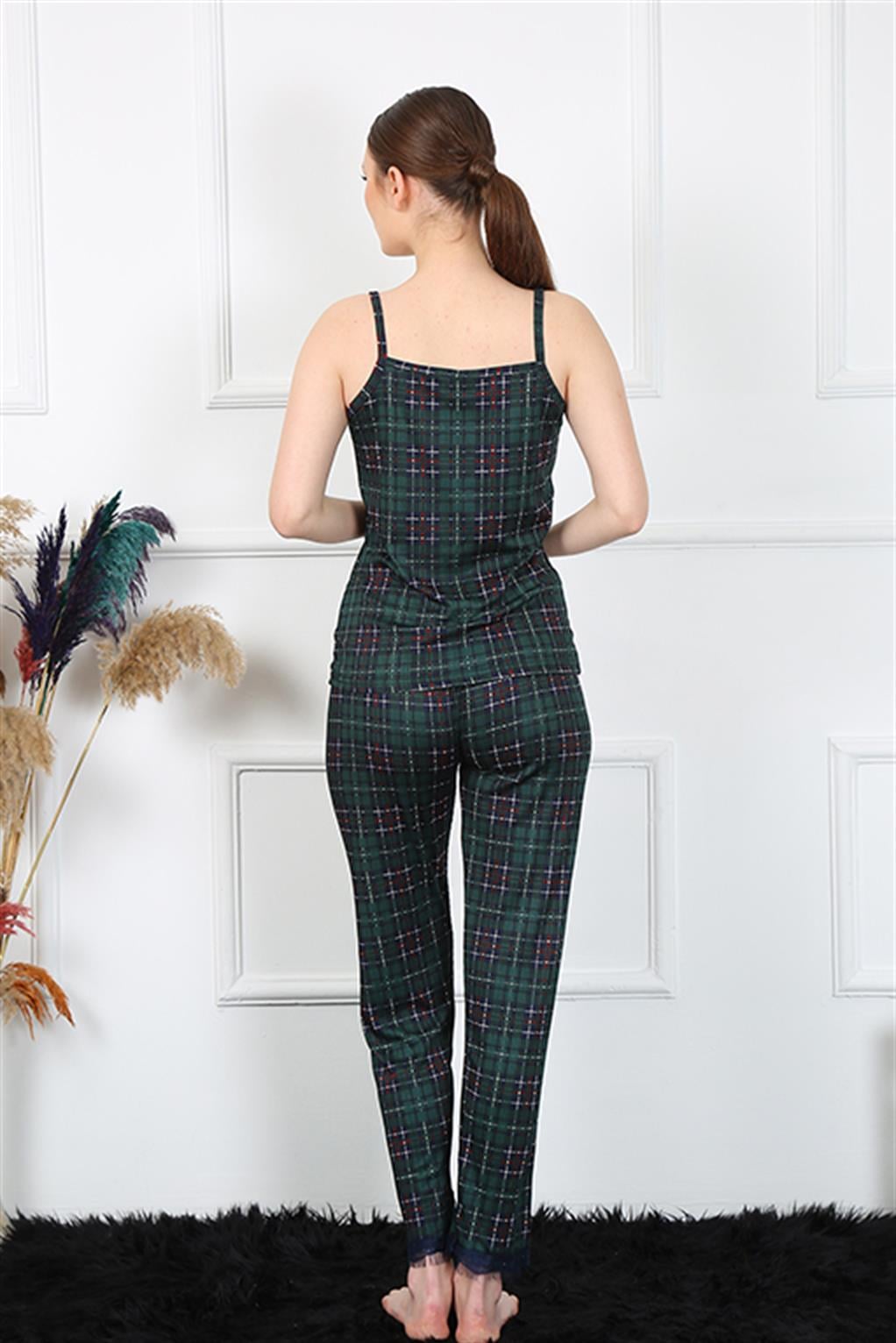 Akbeniz Kadın İp Askılı Yeşil Ekoseli Pijama Takım 4135