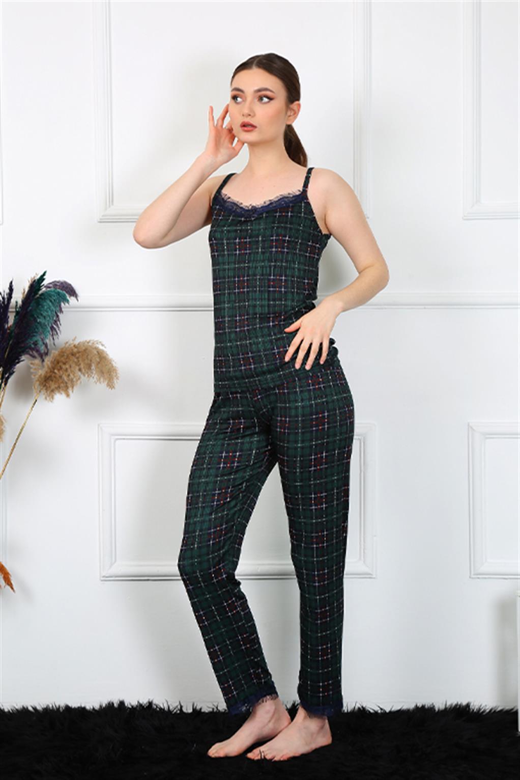 Akbeniz Kadın İp Askılı Yeşil Ekoseli Pijama Takım 4135