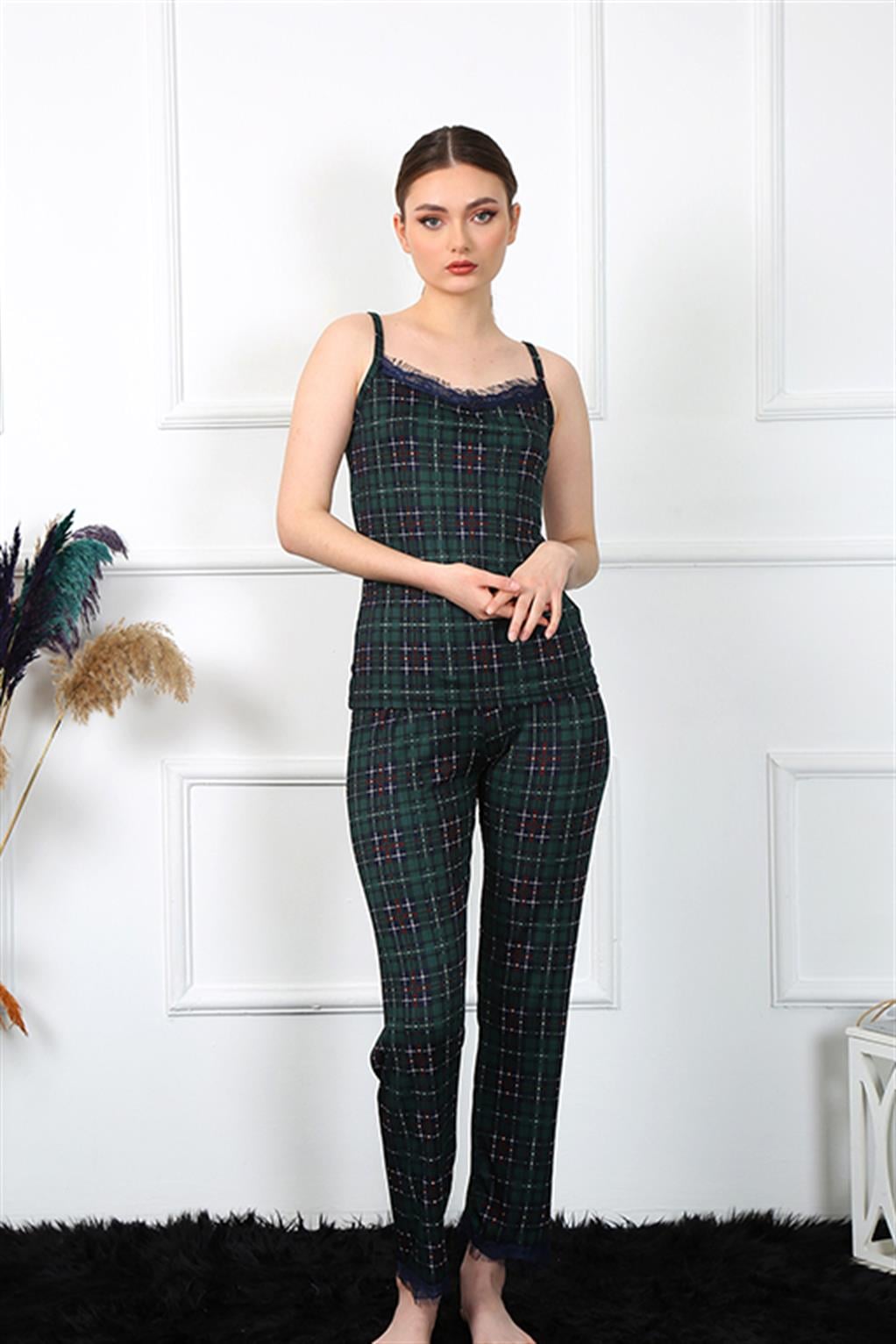 Akbeniz Kadın İp Askılı Yeşil Ekoseli Pijama Takım 4135