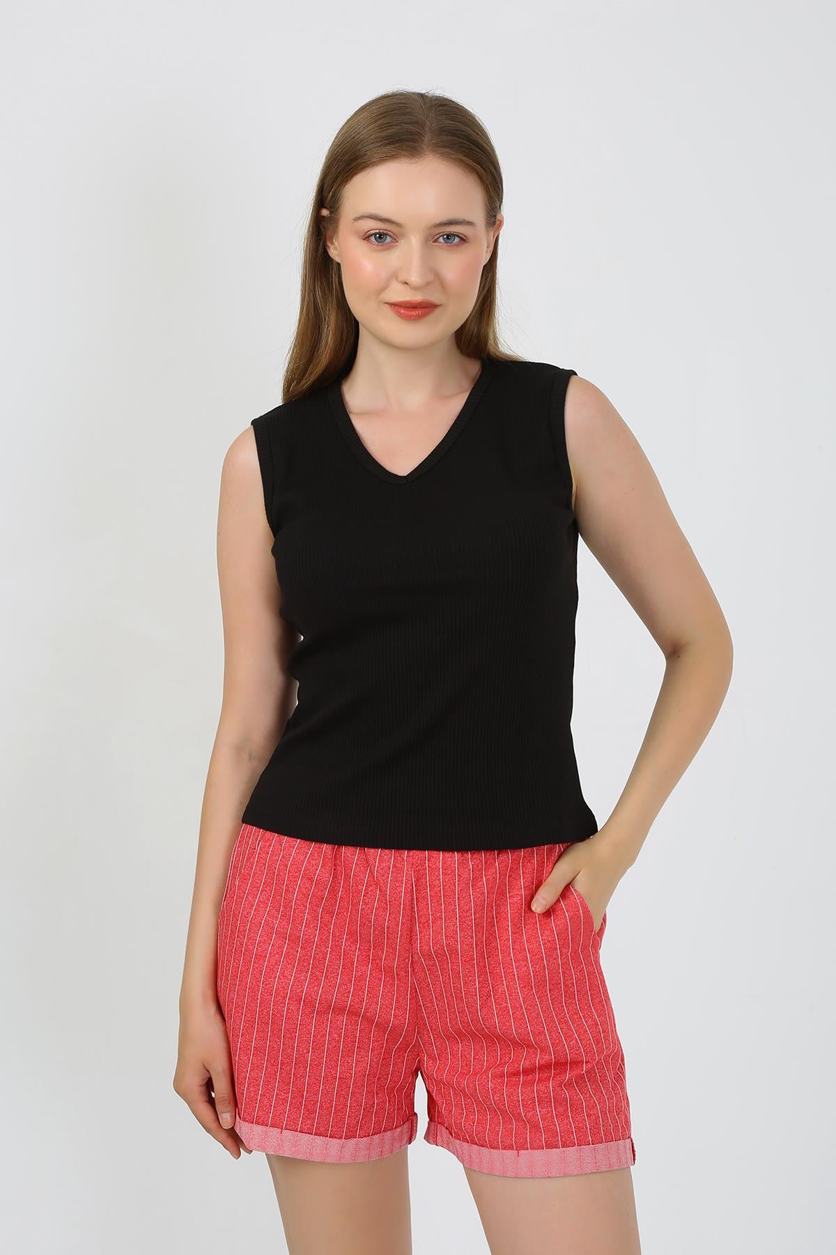 Akbeniz Kadın Kalın Askılı Şortlu Pijama Takım Siyah 3632