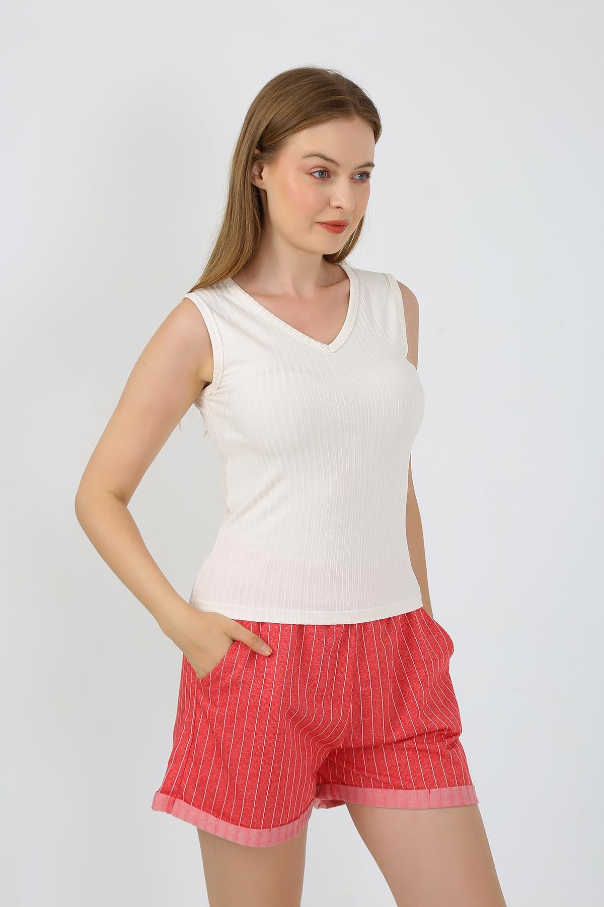 Akbeniz Kadın Kalın Askılı Şortlu Pijama Takım Ekru 3632