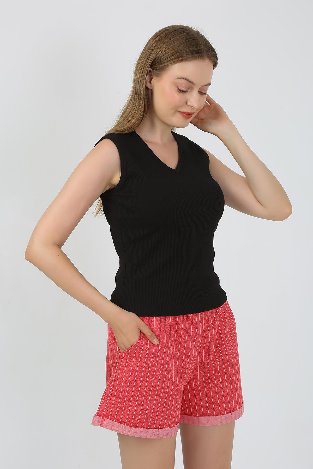 Akbeniz Kadın Kalın Askılı Şortlu Pijama Takım Siyah 3632