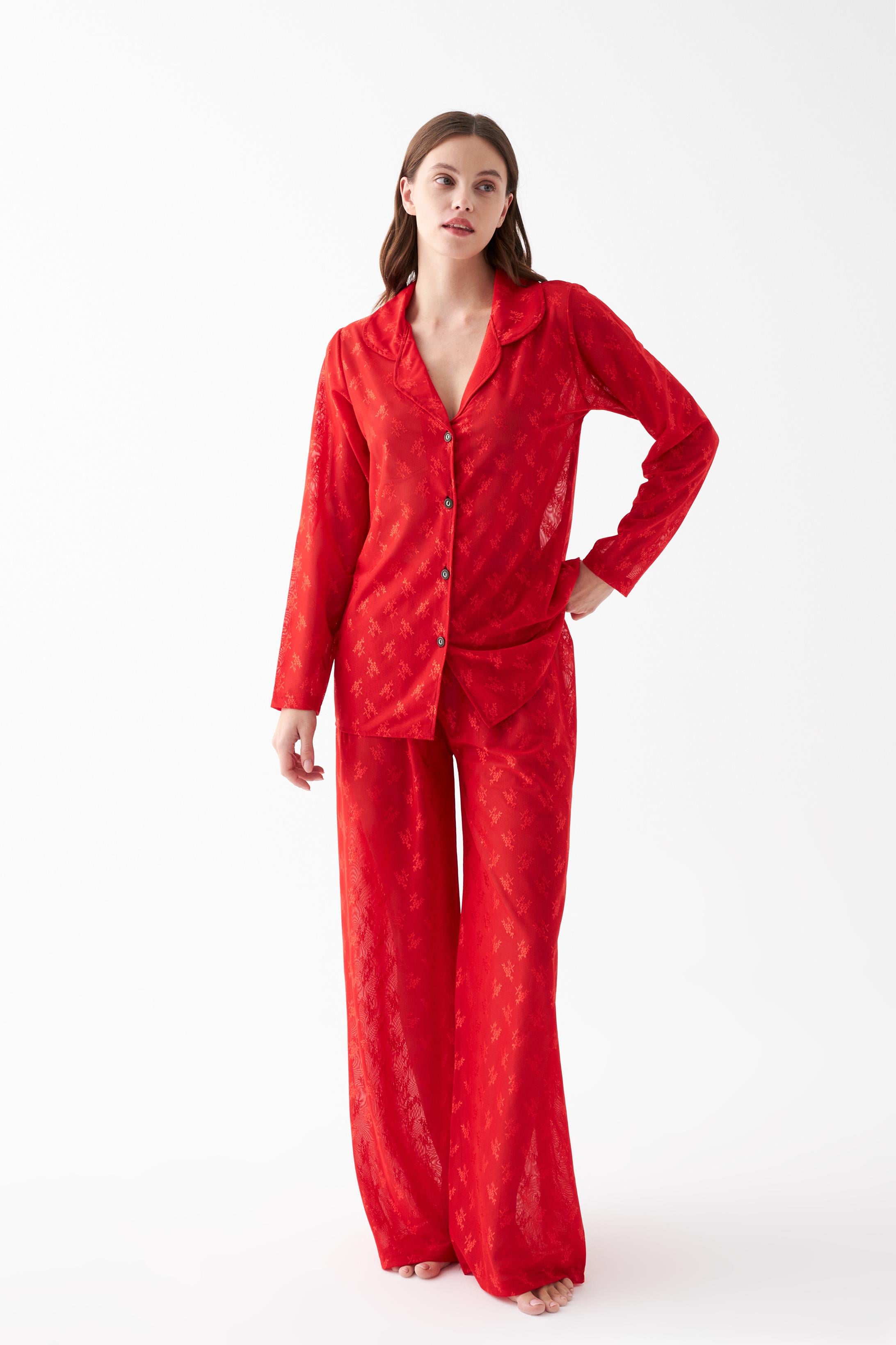 Akbeniz Kadın Kırmızı Şeffaf Jakar Düğmeli Pijama Takımı