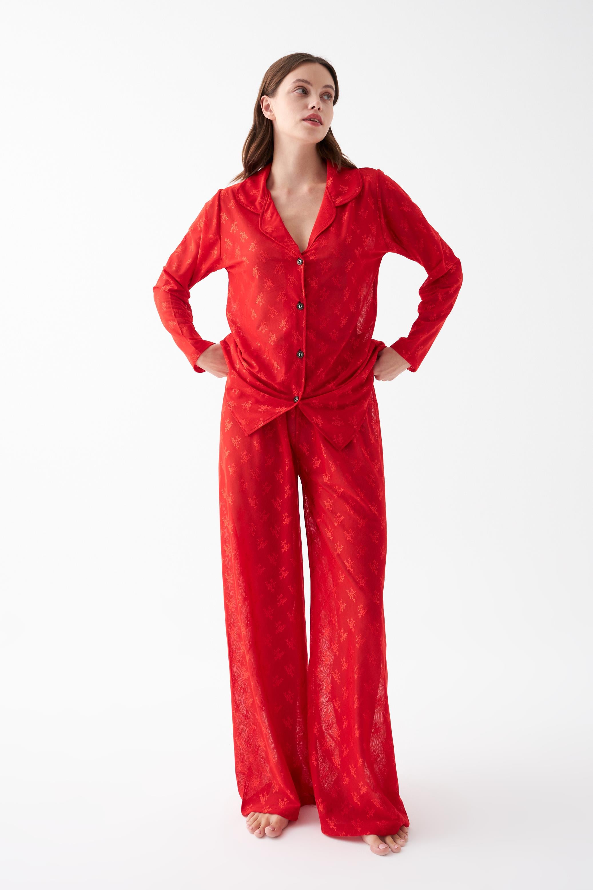 Akbeniz Kadın Kırmızı Şeffaf Jakar Düğmeli Pijama Takımı