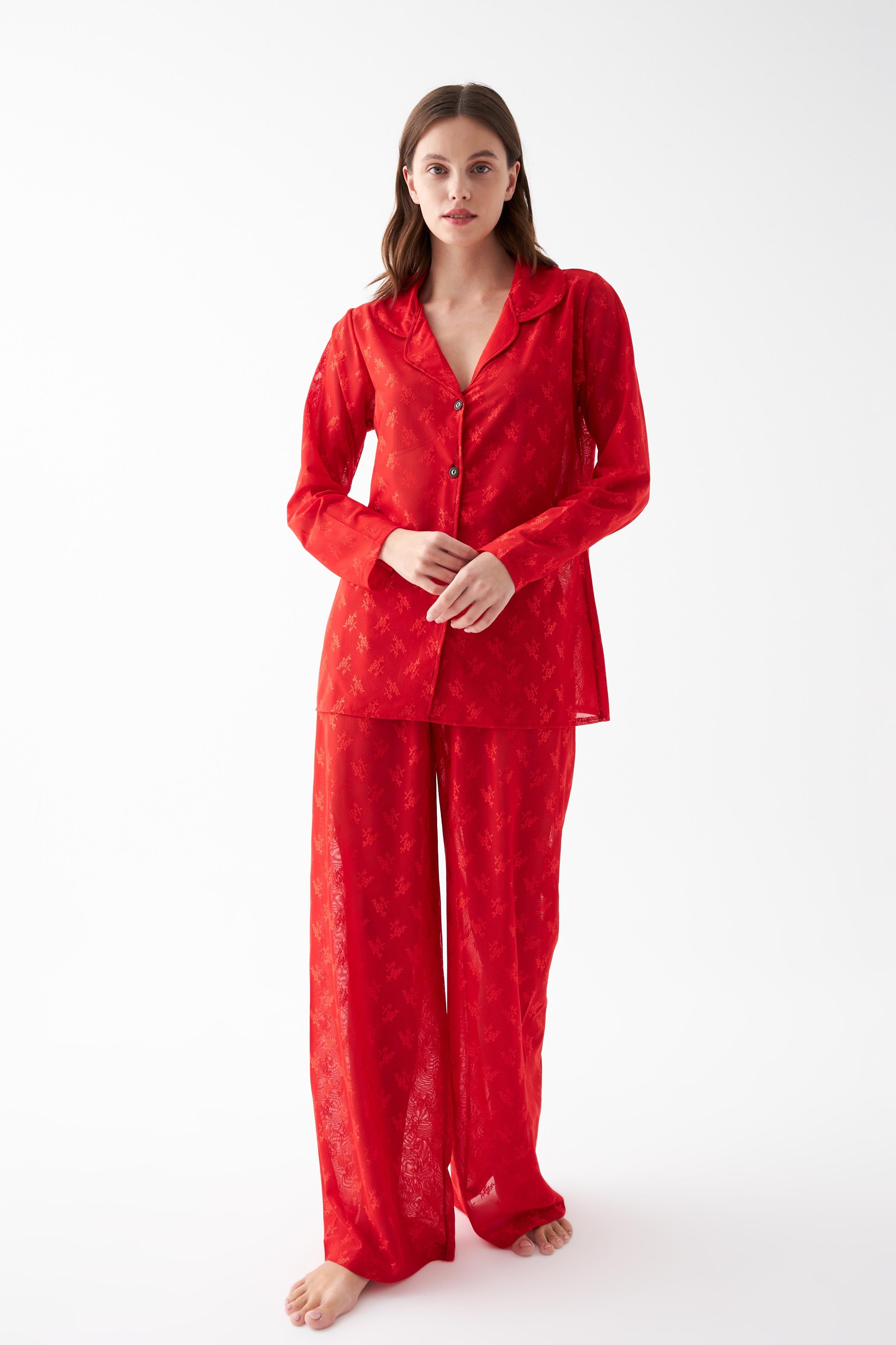 Akbeniz Kadın Kırmızı Şeffaf Jakar Düğmeli Pijama Takımı