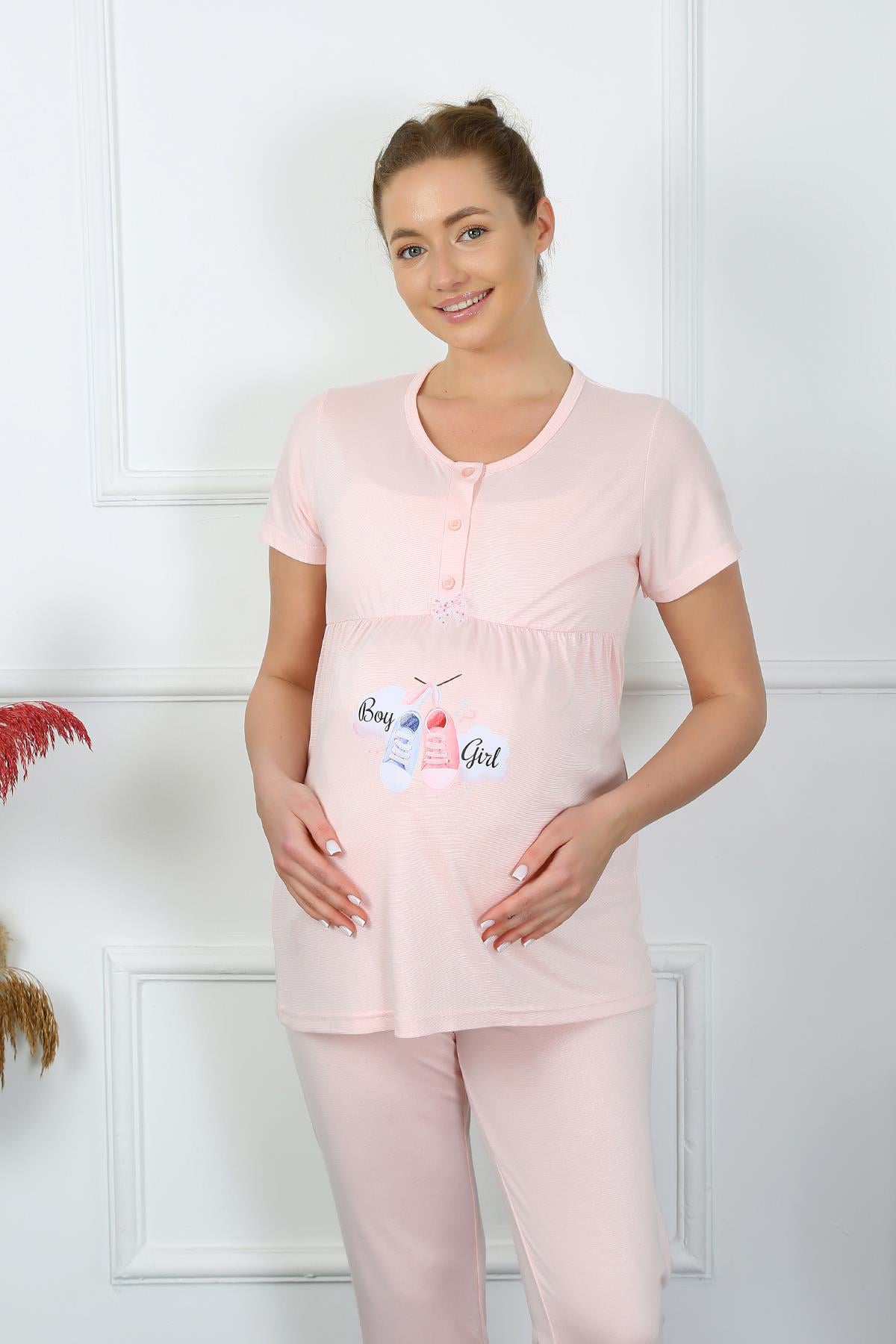 Akbeniz Kadın Kısa Kol Hamile Lohusa Pijama Takımı Pudra 45210
