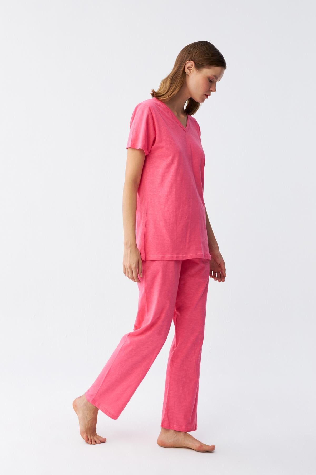 Akbeniz Kadın Kısa Kol Pamuk Penye Pijama Takım Fuşya 4213