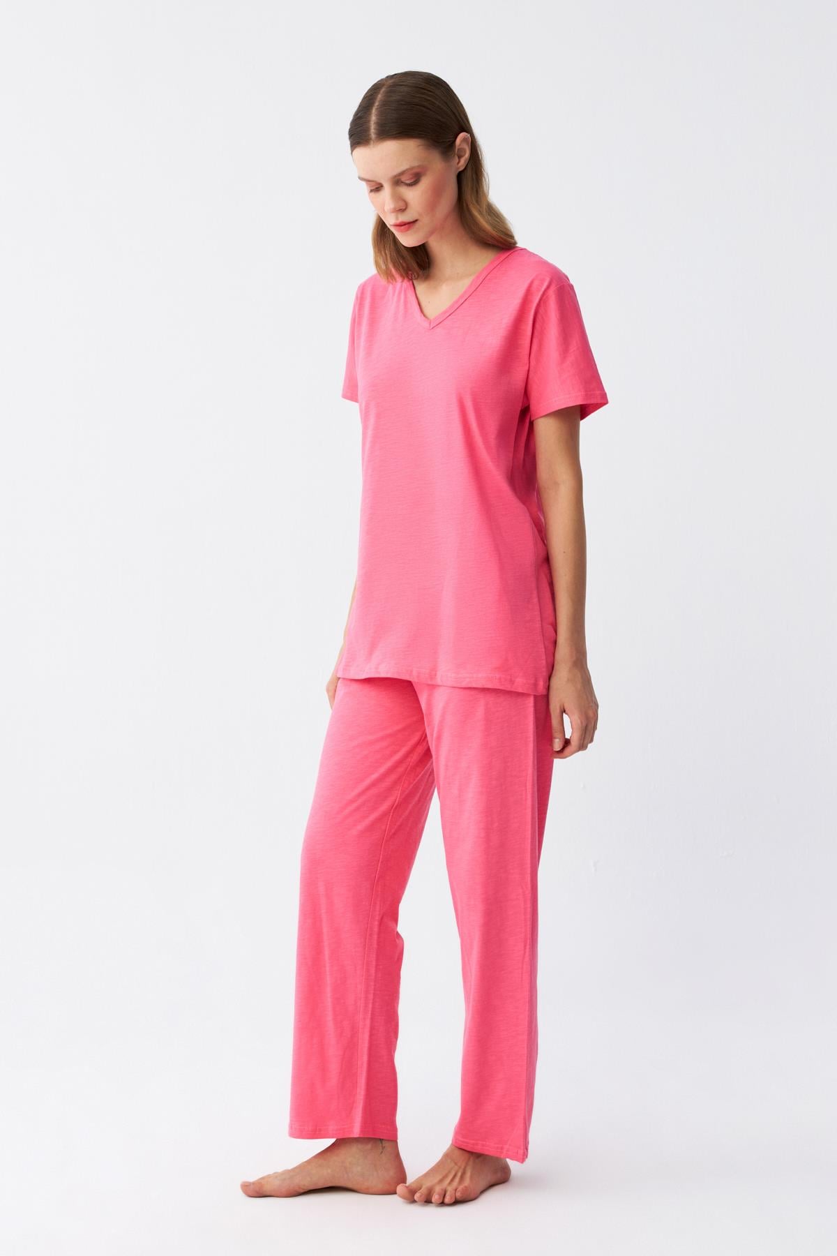 Akbeniz Kadın Kısa Kol Pamuk Penye Pijama Takım Fuşya 4213