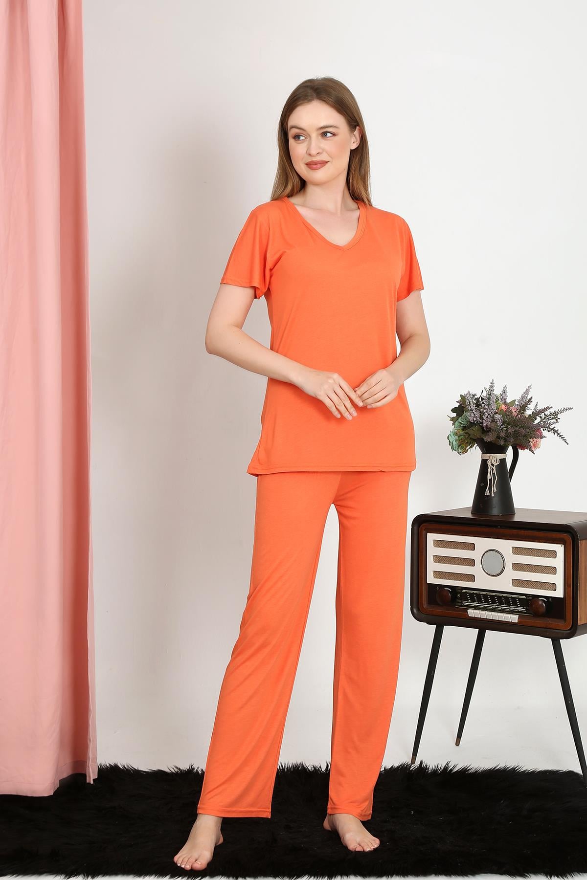 Akbeniz Kadın Kısa Kol Pamuk Penye Pijama Takım Turuncu 4213