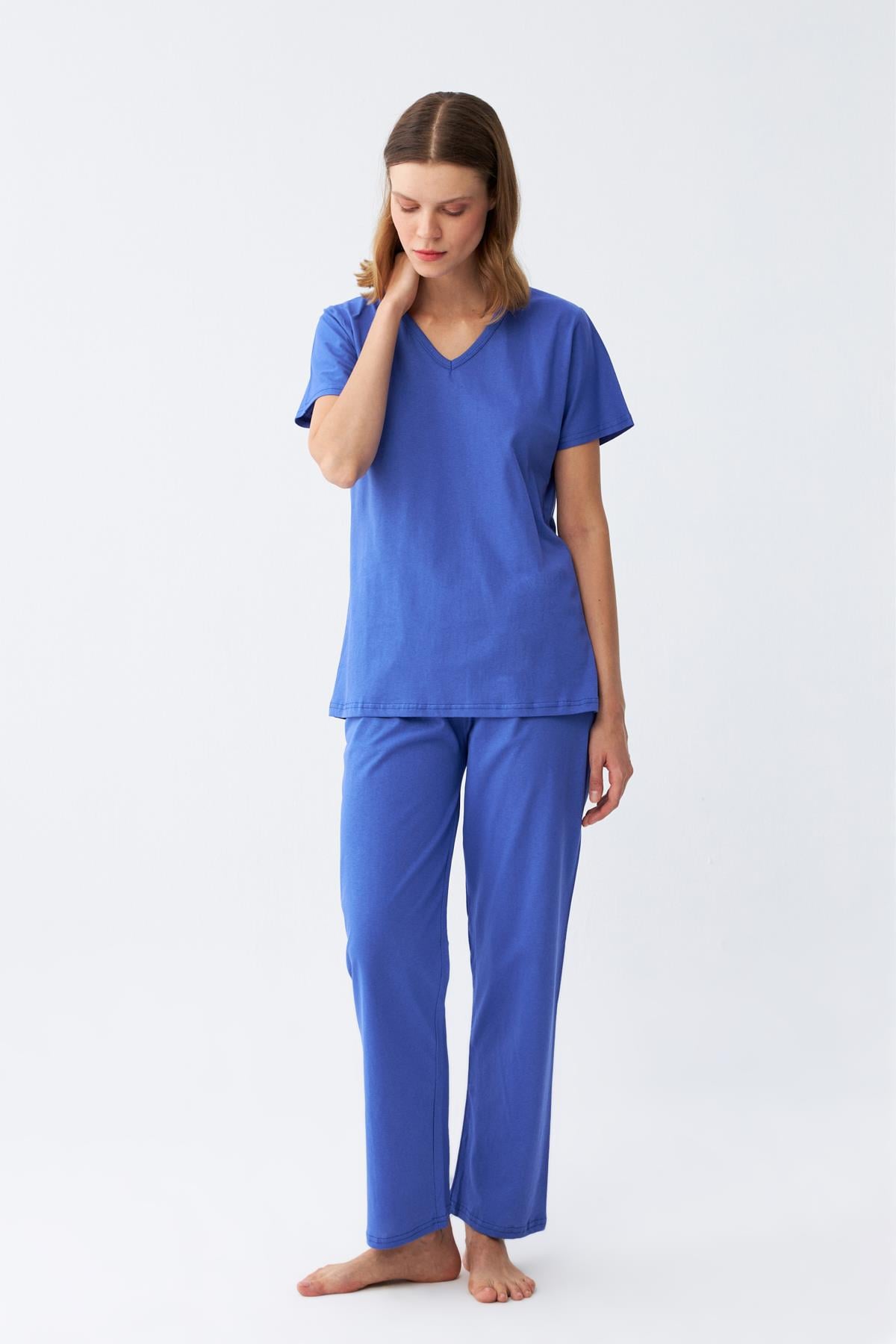Akbeniz Kadın Kısa Kol Pamuk Penye Pijama Takım Saks 4213