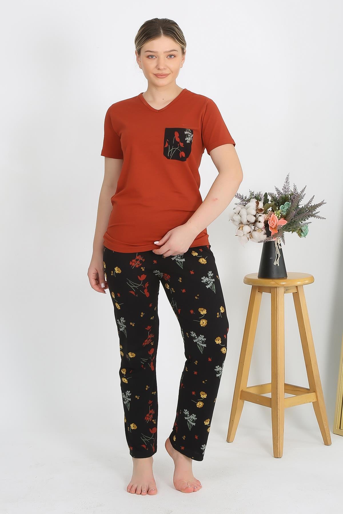 Akbeniz Kadın Kısa Kol Pamuk Penye Pijama Takım Kremit 4214