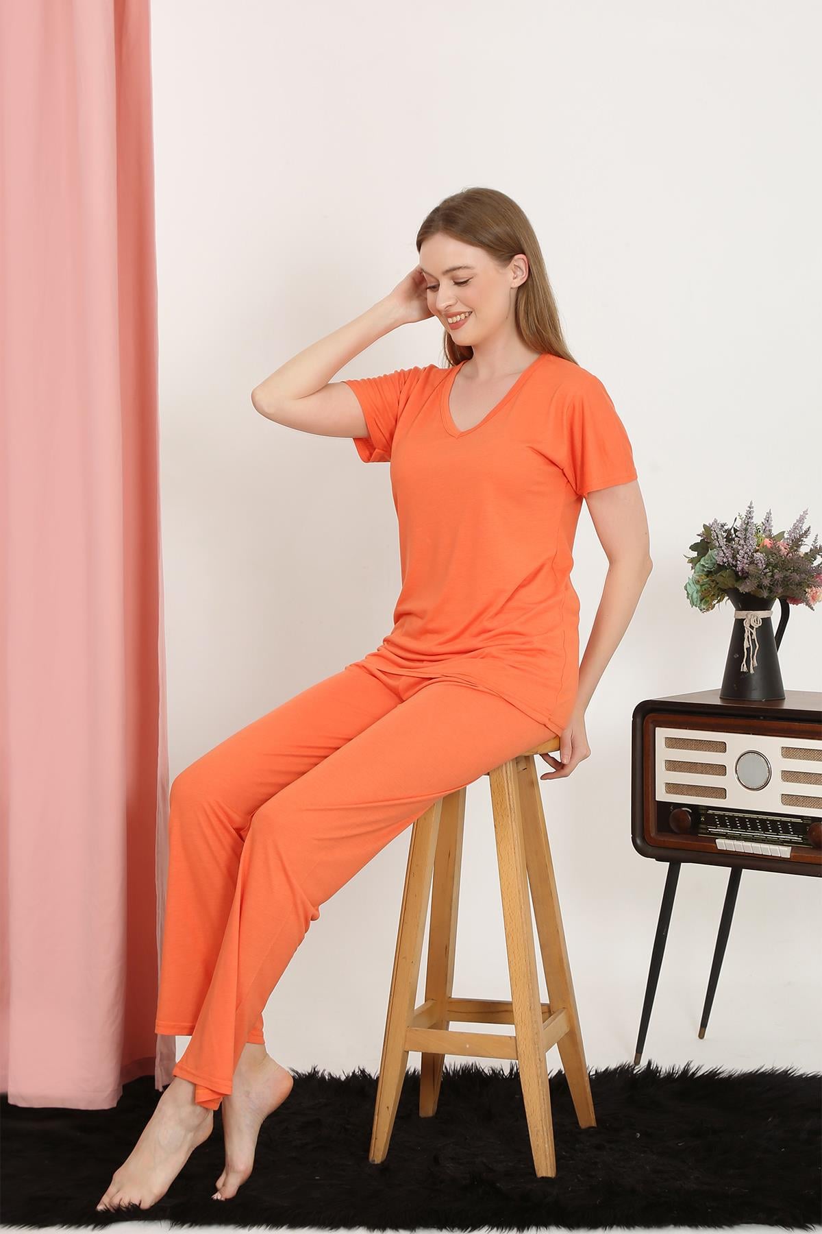 Akbeniz Kadın Kısa Kol Pamuk Penye Pijama Takım Turuncu 4213
