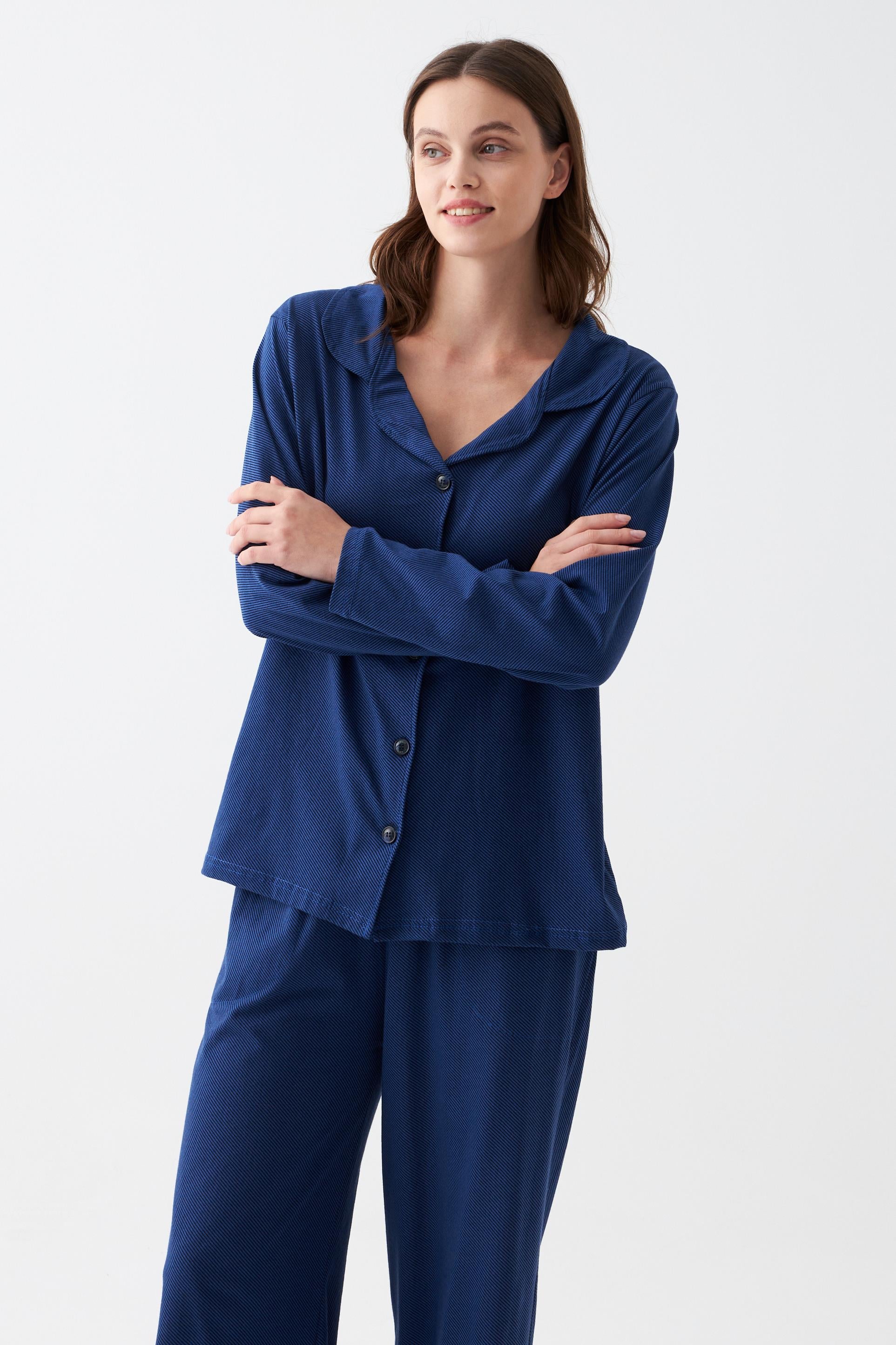 Akbeniz Kadın Lacivert Düğmeli Yaka Detaylı Pamuklu Pijama Takımı