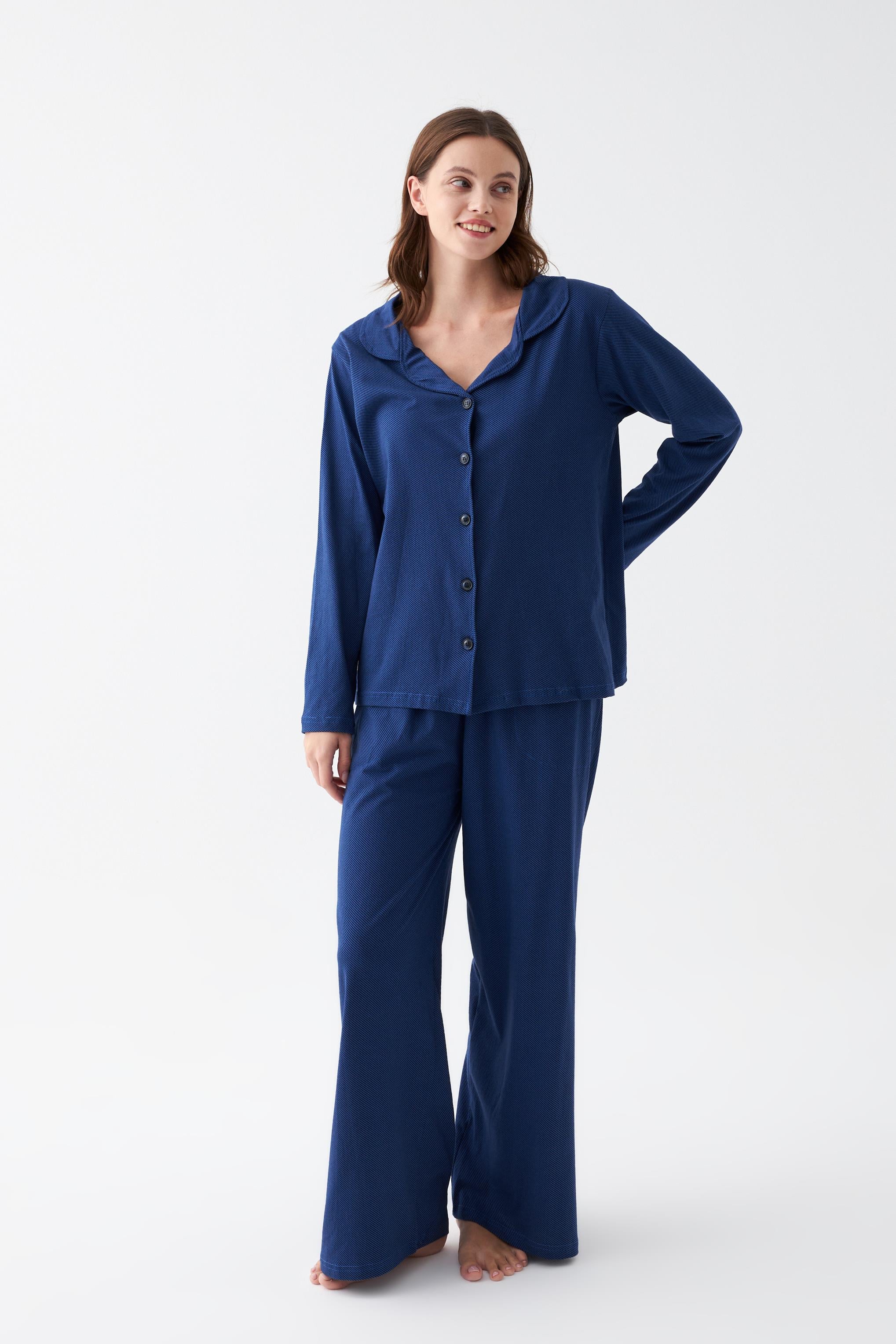 Akbeniz Kadın Lacivert Düğmeli Yaka Detaylı Pamuklu Pijama Takımı
