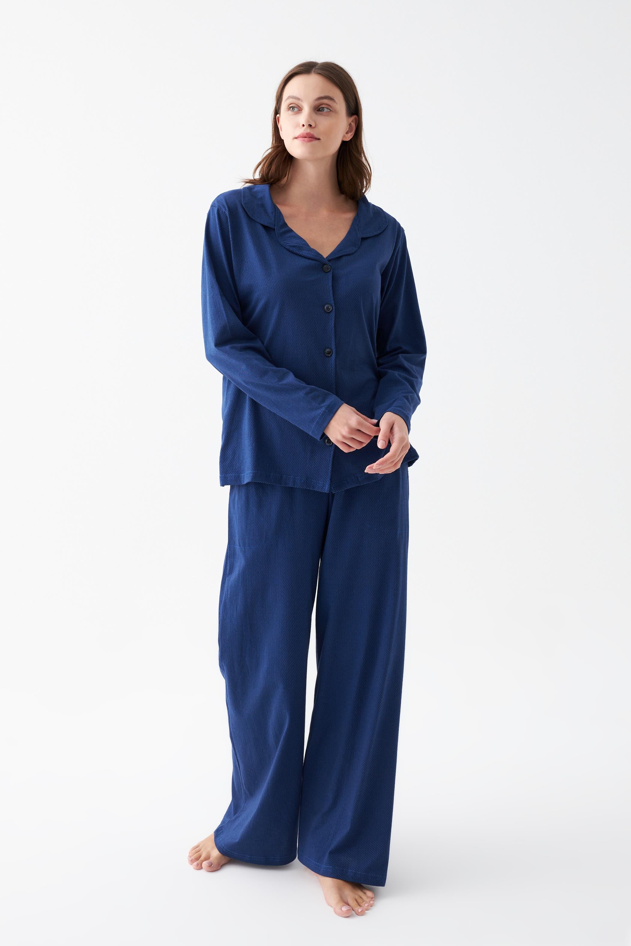 Akbeniz Kadın Lacivert Düğmeli Yaka Detaylı Pamuklu Pijama Takımı