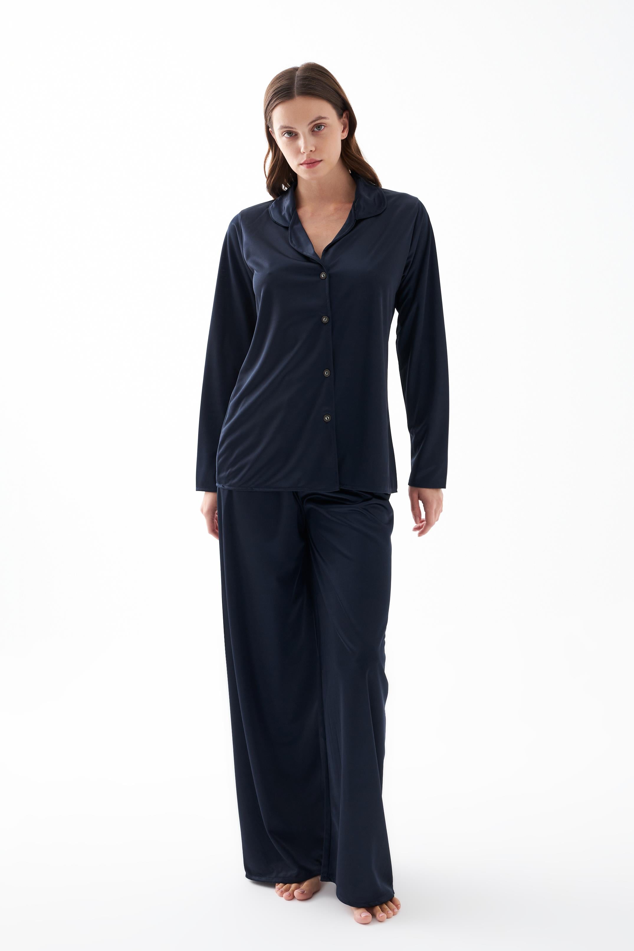 Akbeniz Kadın Lacivert Oversize Saten Pijama Takımı