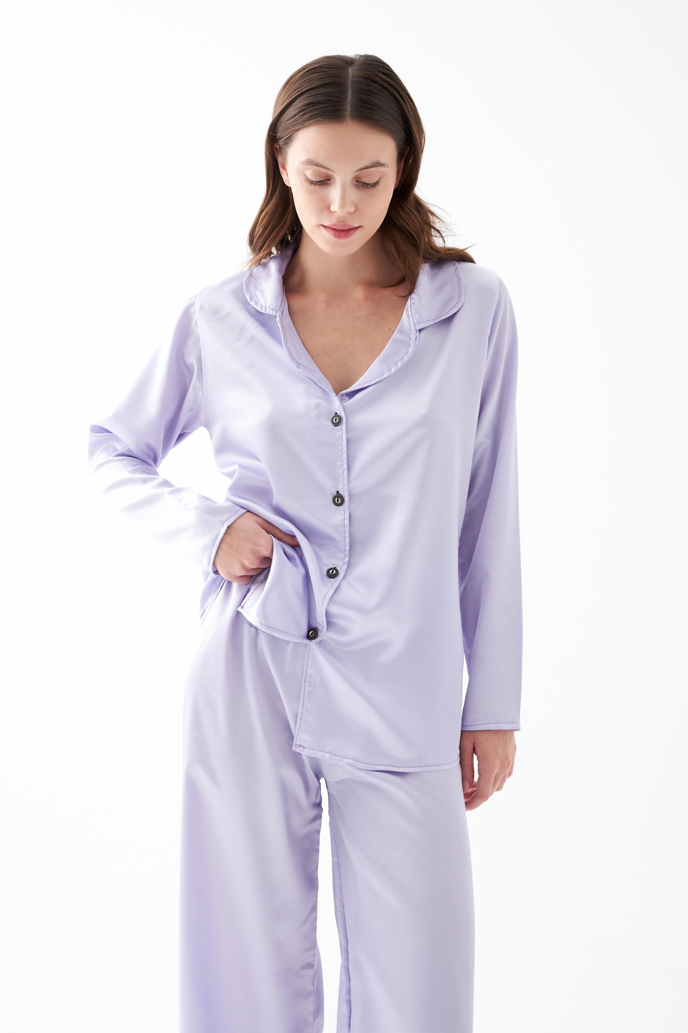 Akbeniz Kadın Lila Oversize Saten Pijama Takımı