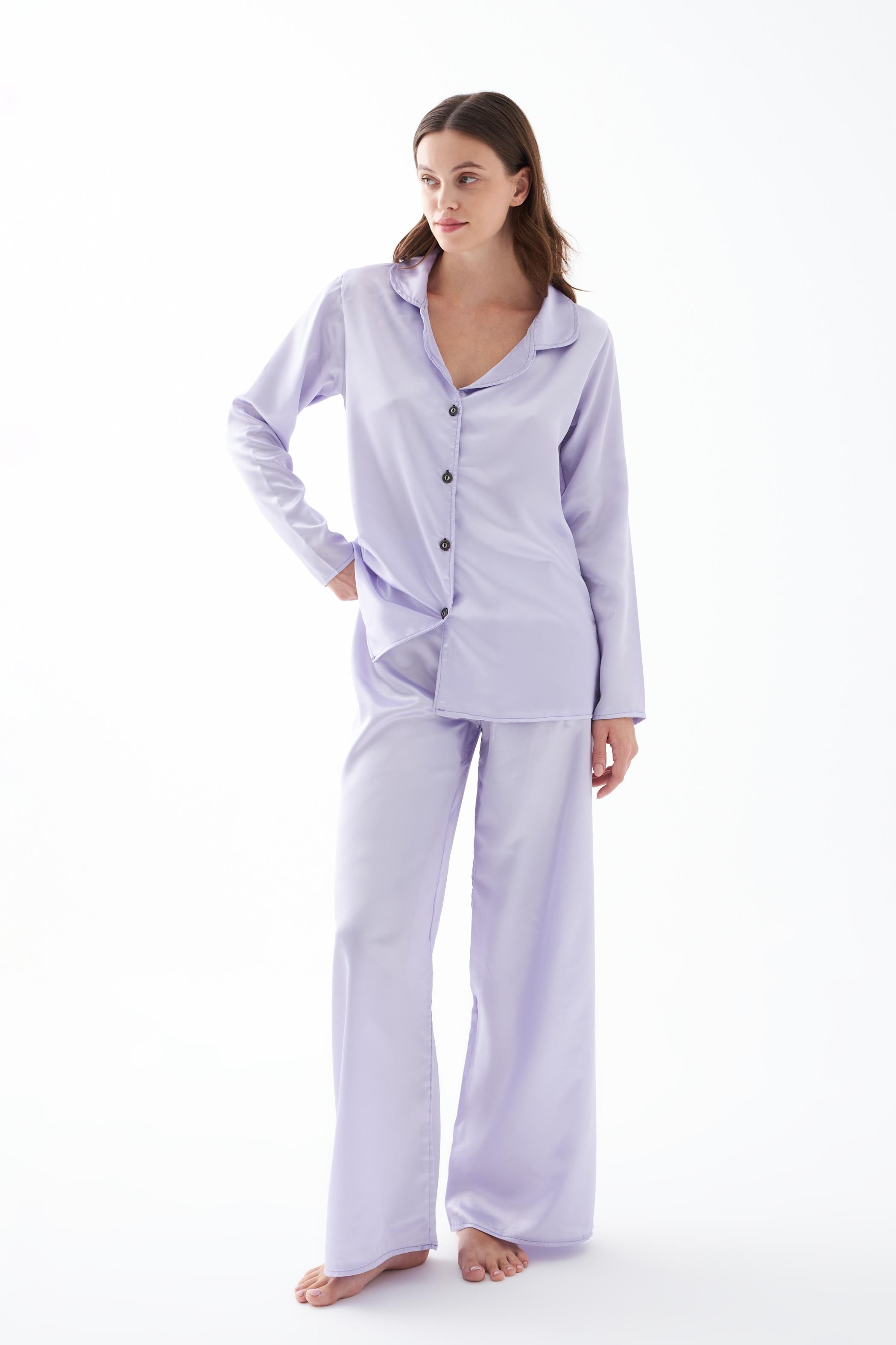 Akbeniz Kadın Lila Oversize Saten Pijama Takımı