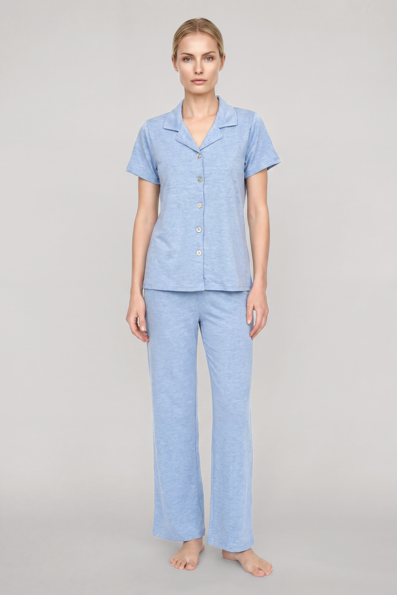 Akbeniz Kadın Mavi Klasik Gömlek Yaka Pijama Takımı