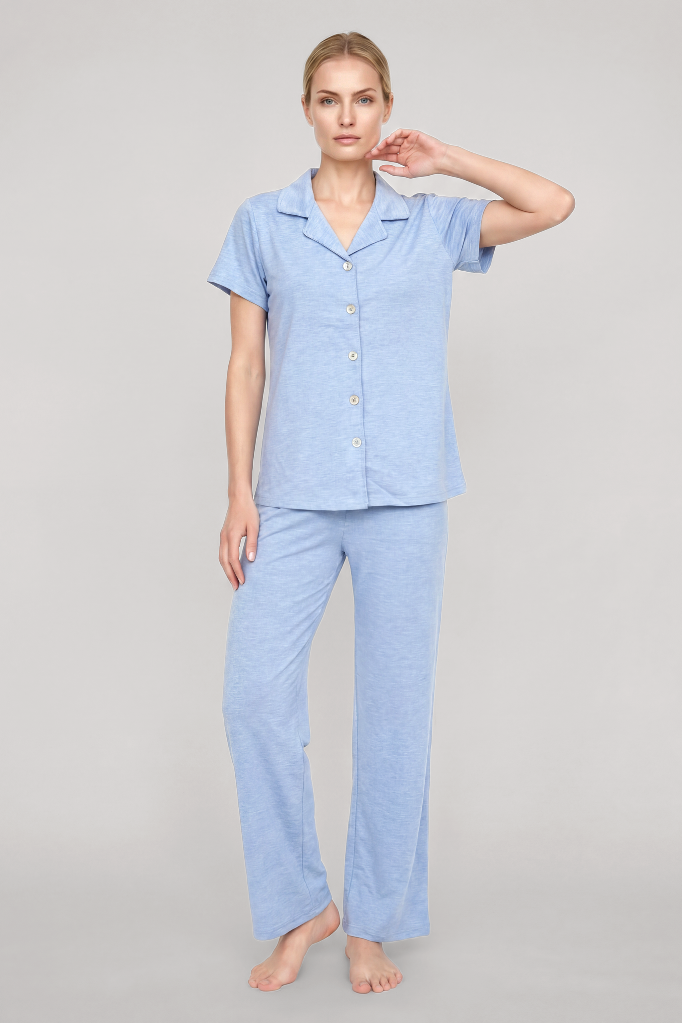 Akbeniz Kadın Mavi Klasik Gömlek Yaka Pijama Takımı