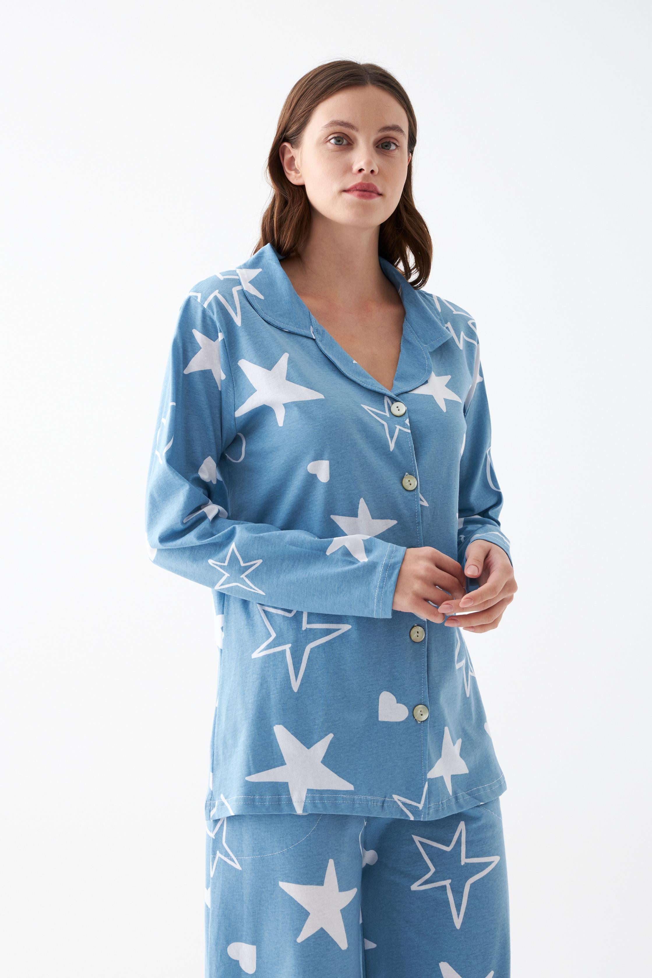 Akbeniz Kadın Mavi Yıldız Desenli Düğmeli Pamuklu Pijama Takımı