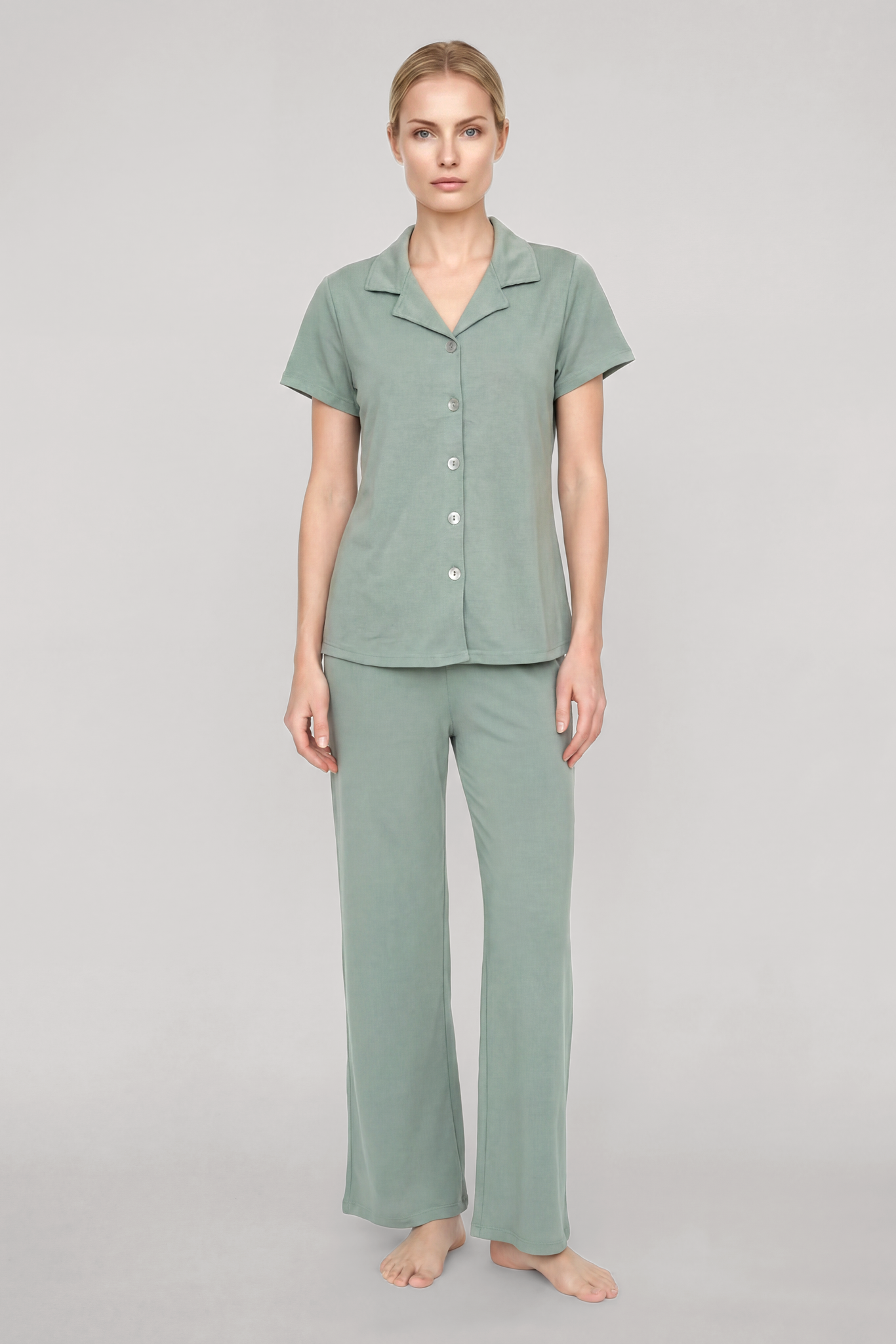 Akbeniz Kadın Mint Yeşili Klasik Gömlek Yaka Pijama Takımı