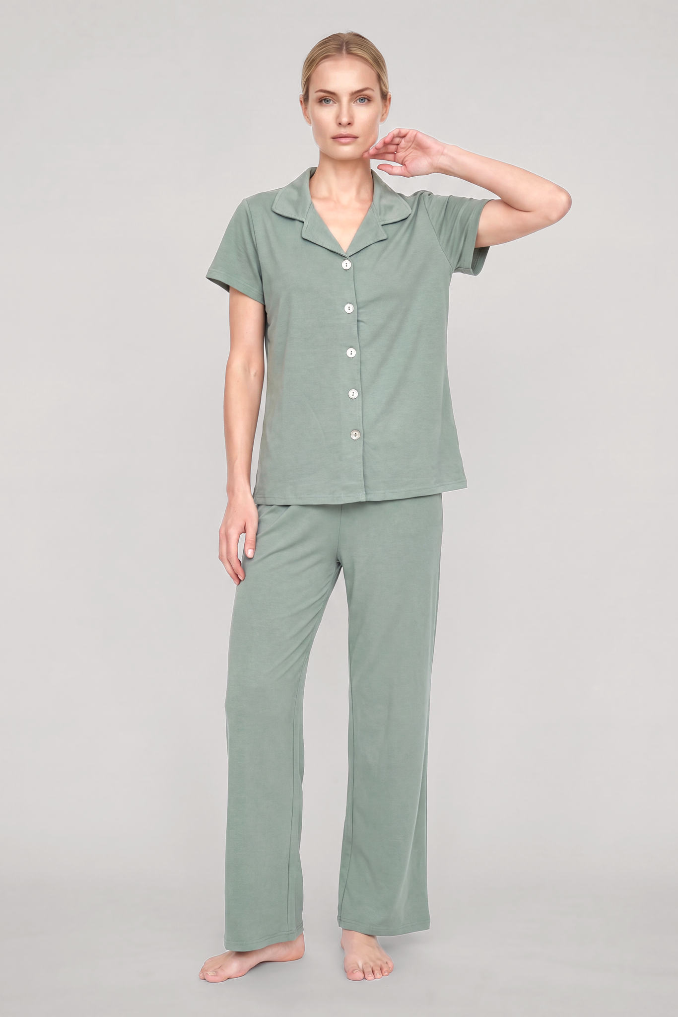 Akbeniz Kadın Mint Yeşili Klasik Gömlek Yaka Pijama Takımı