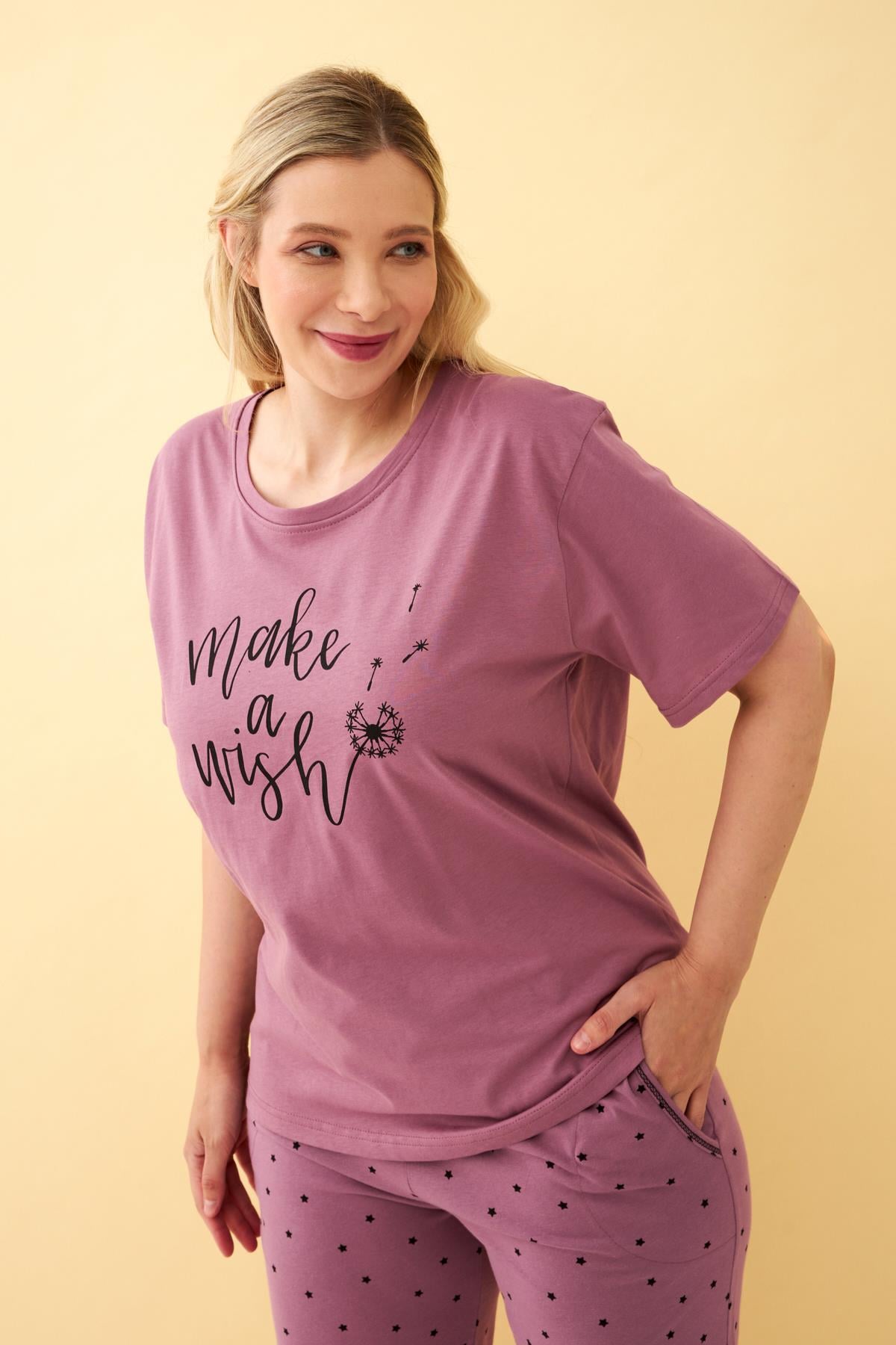 Akbeniz Kadın Mürdüm “Make a Wish” Yazılı Büyük Beden Kapri Pijama Takımı