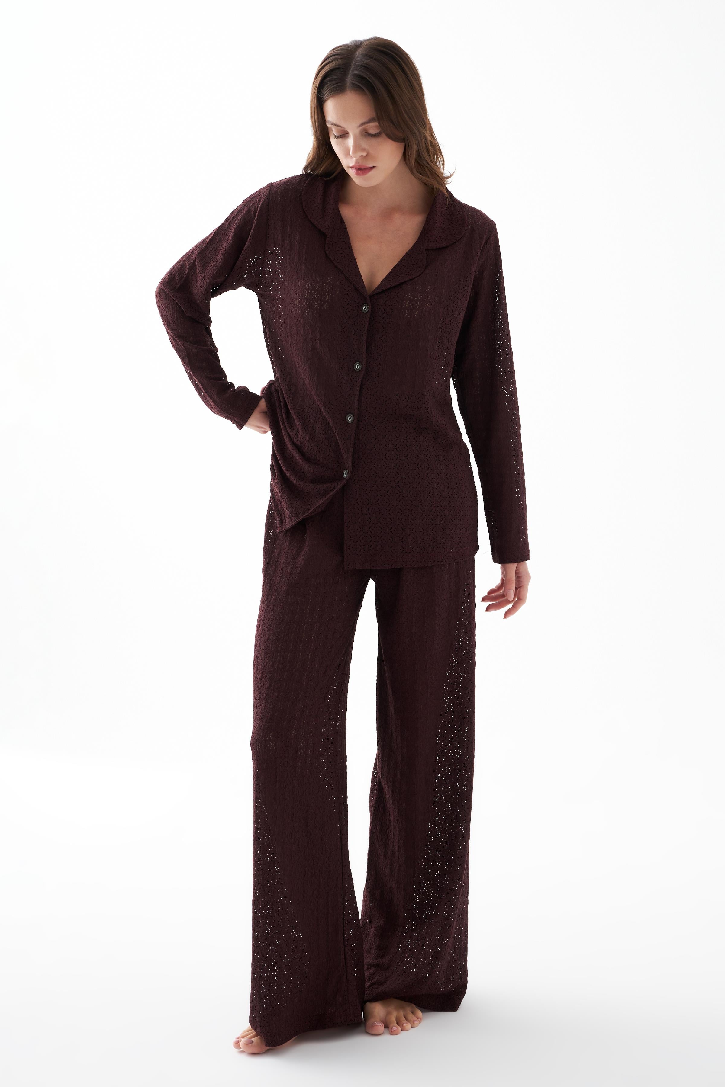 Akbeniz Kadın Mürdüm Önden Düğmeli Rahat Kesim Pijama Takımı