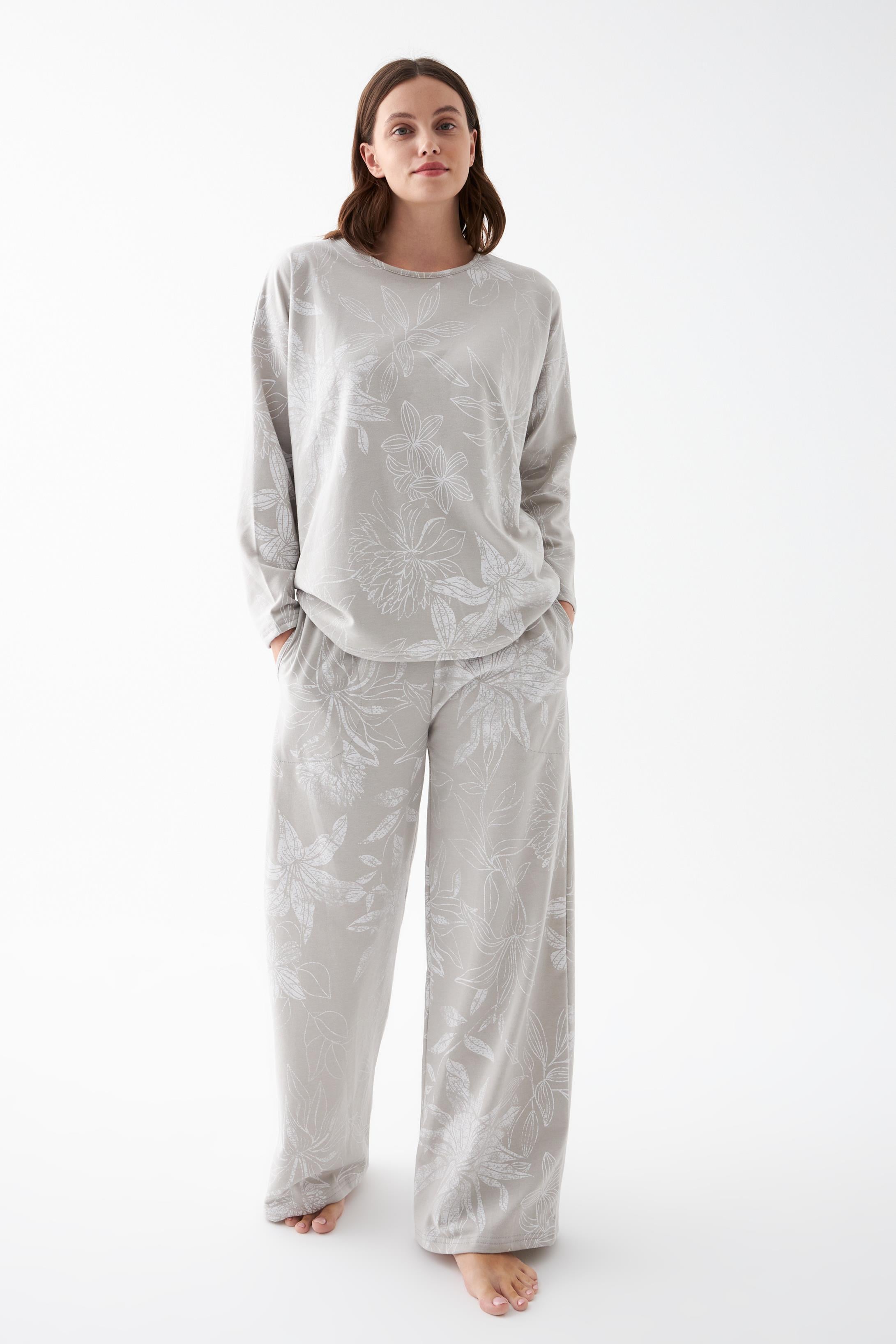 Akbeniz Kadın Oversize Gri Çiçek Desenli Pamuklu Kalın Pijama Takımı