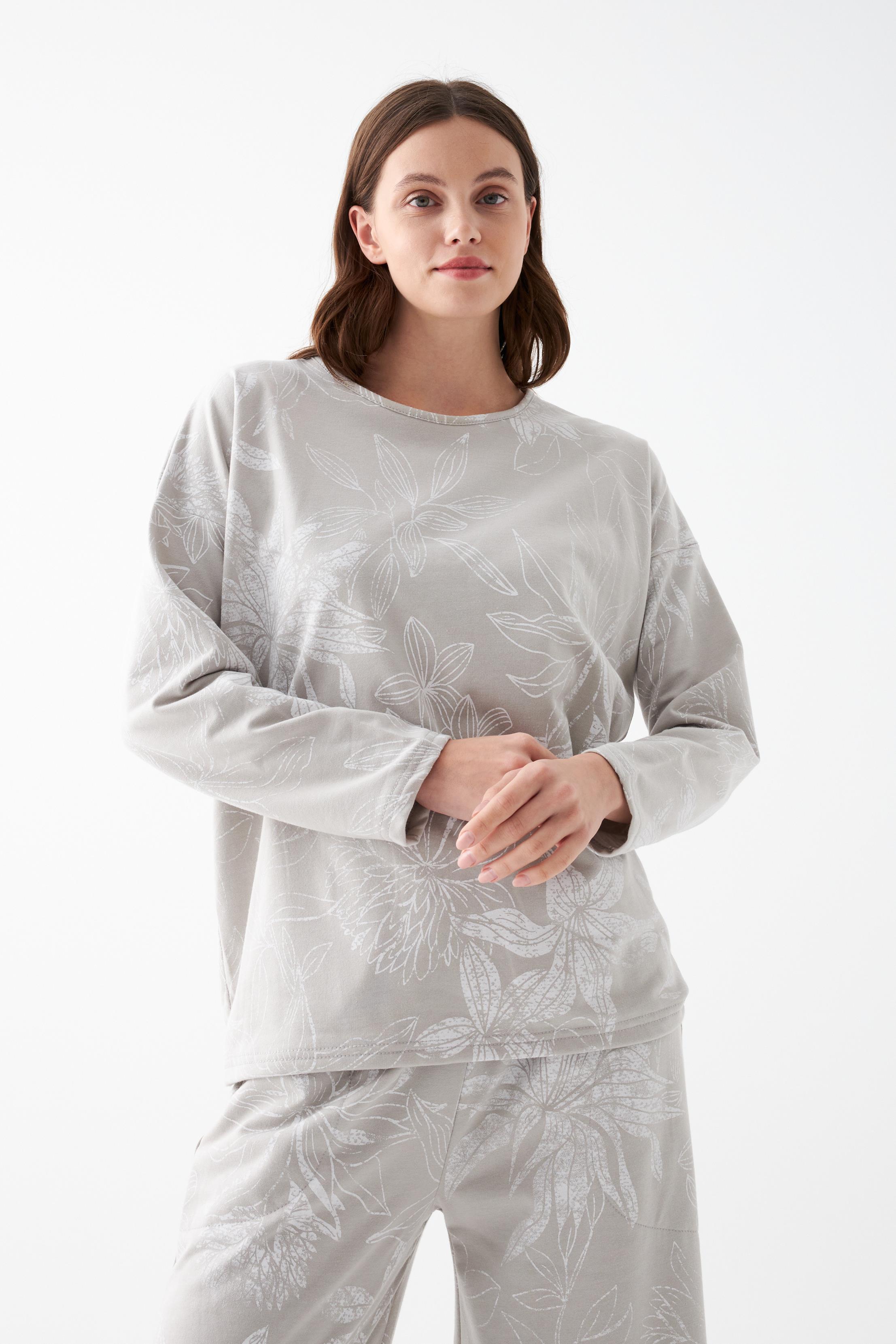Akbeniz Kadın Oversize Gri Çiçek Desenli Pamuklu Kalın Pijama Takımı