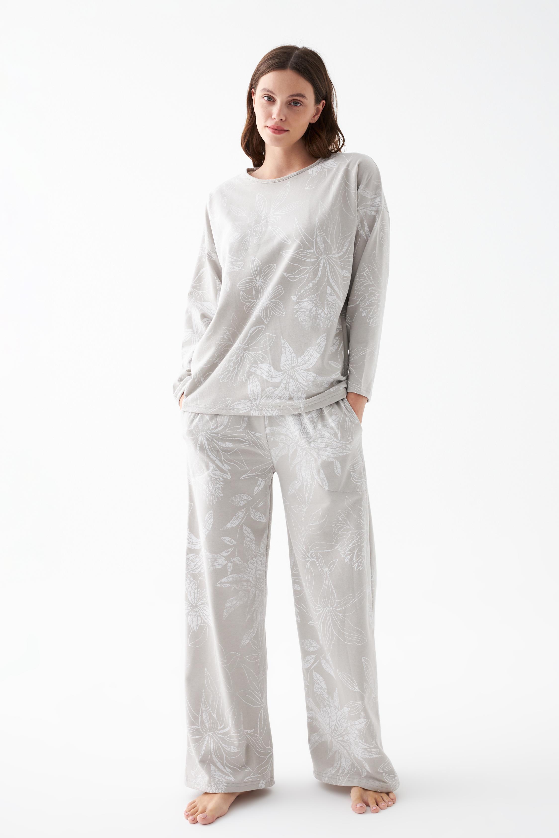 Akbeniz Kadın Oversize Gri Çiçek Desenli Pamuklu Kalın Pijama Takımı