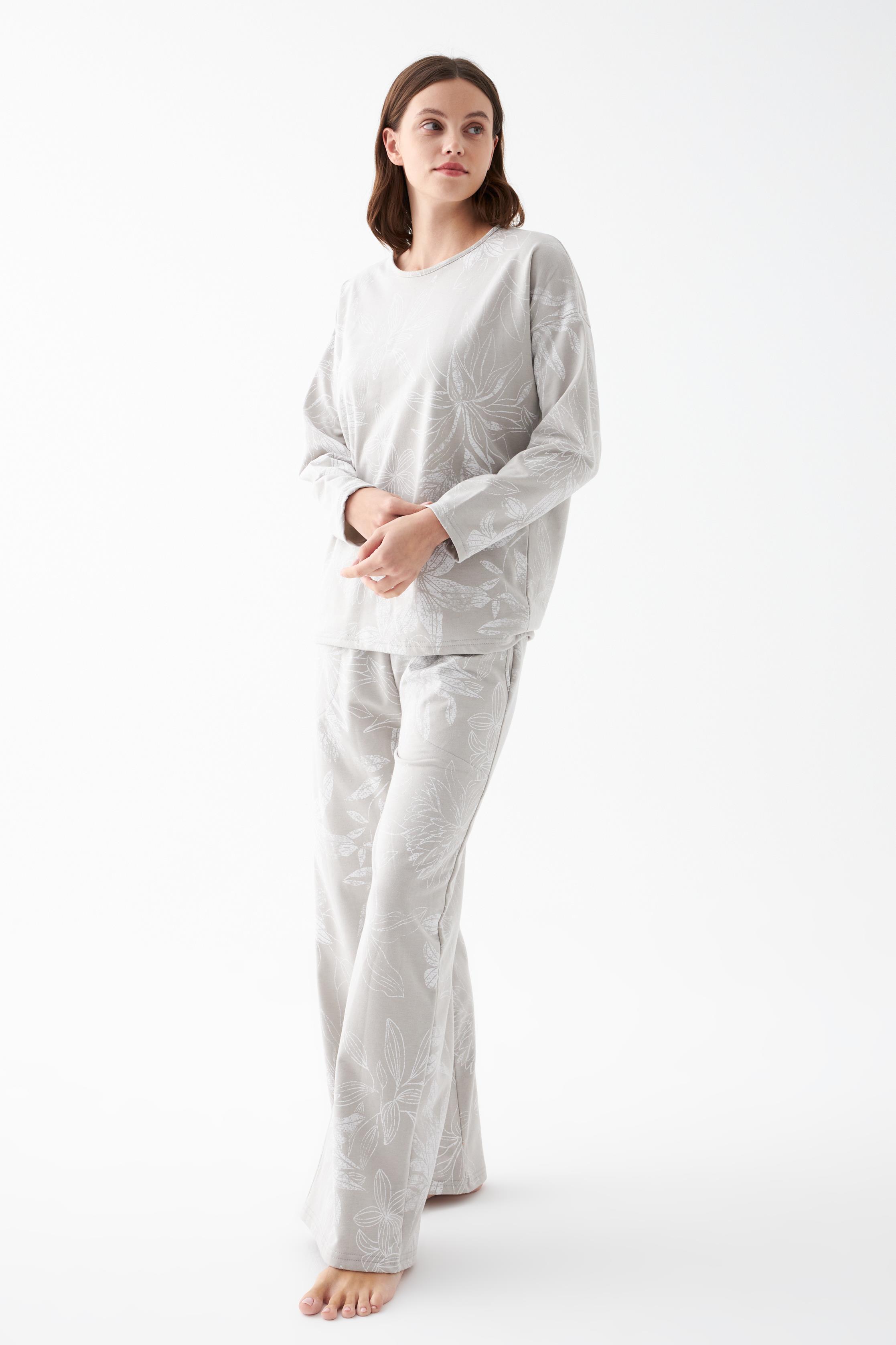 Akbeniz Kadın Oversize Gri Çiçek Desenli Pamuklu Kalın Pijama Takımı