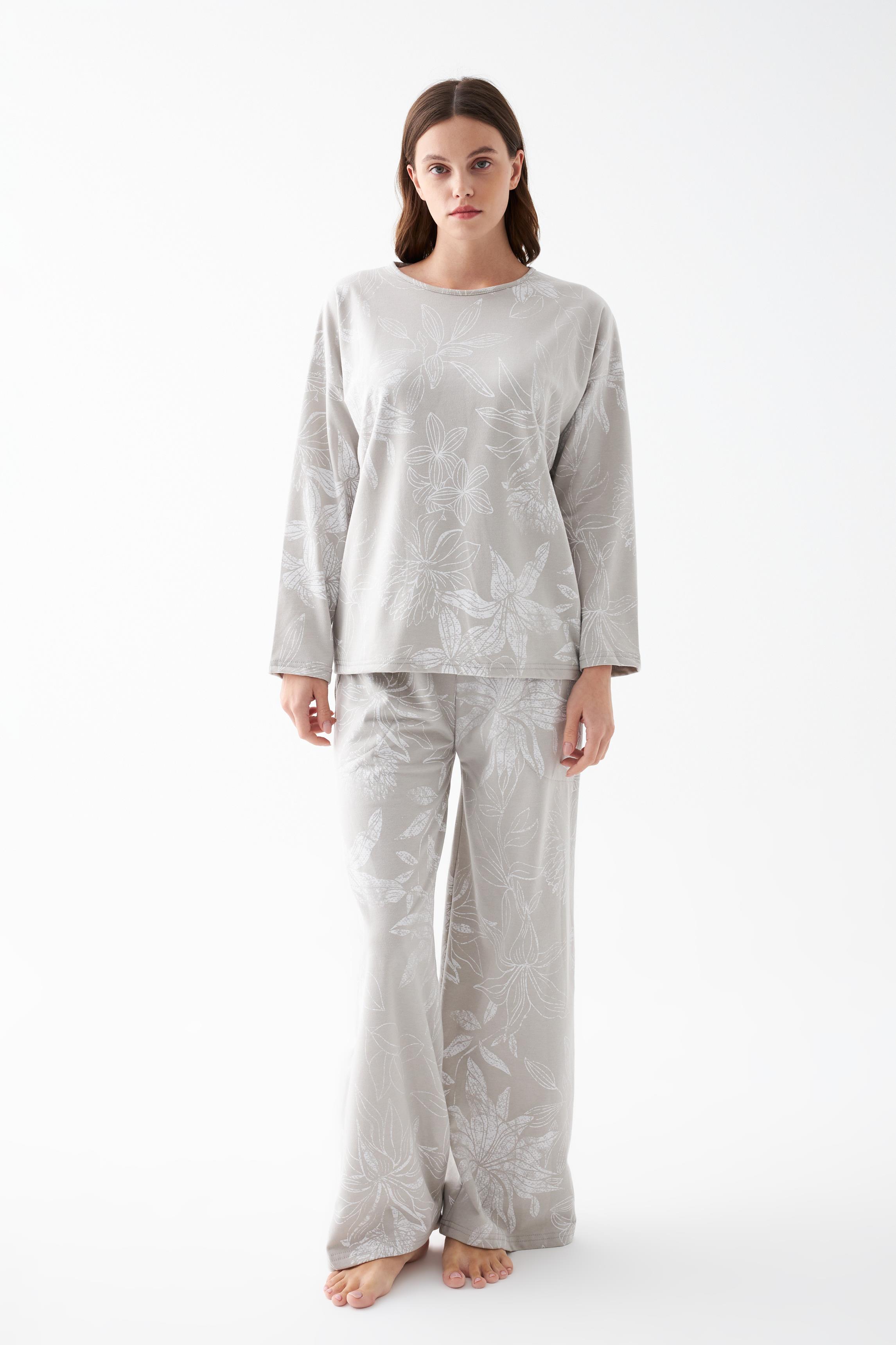 Akbeniz Kadın Oversize Gri Çiçek Desenli Pamuklu Kalın Pijama Takımı