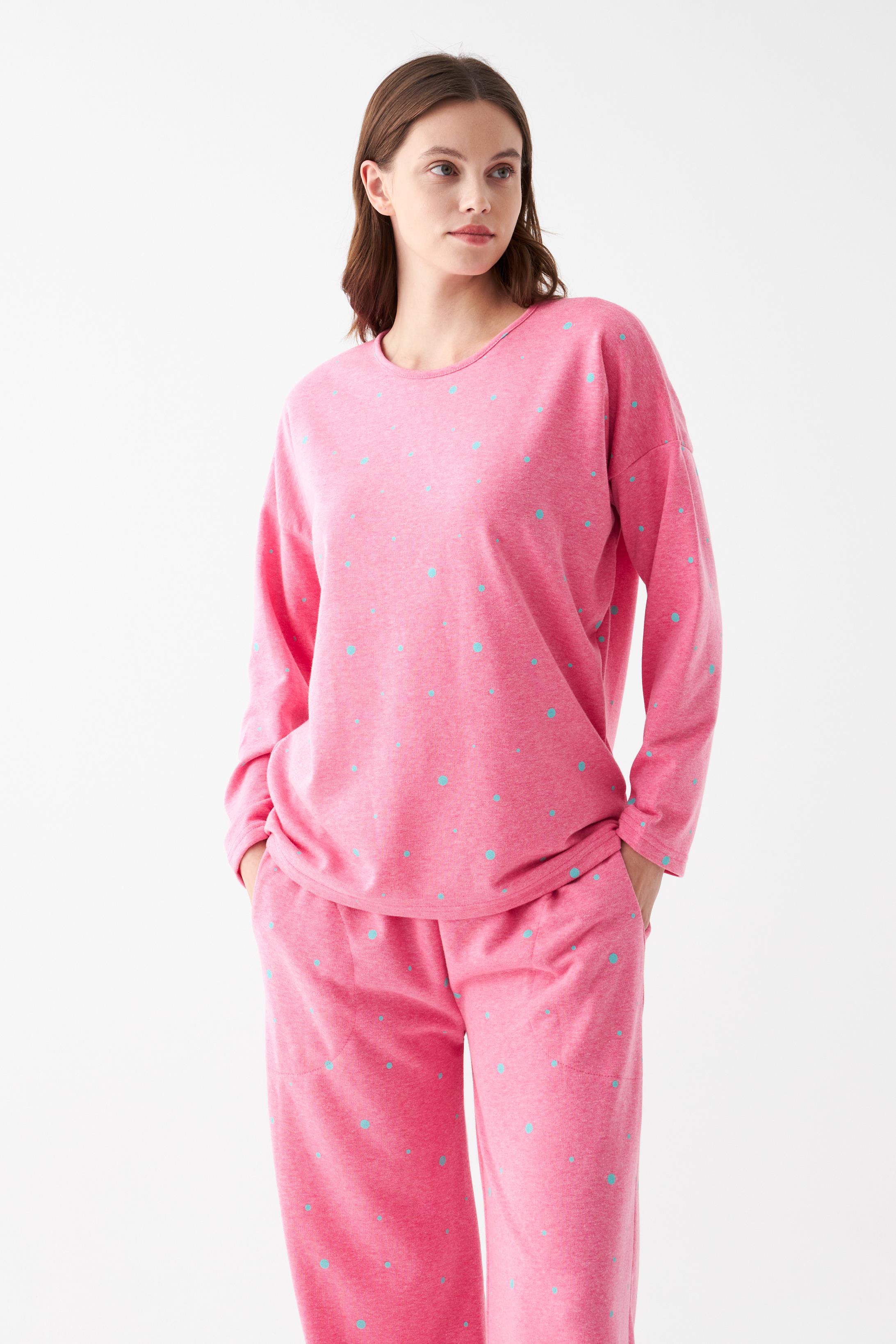 Akbeniz Kadın Oversize Pembe Puantiyeli Pamuklu Kalın Pijama Takımı